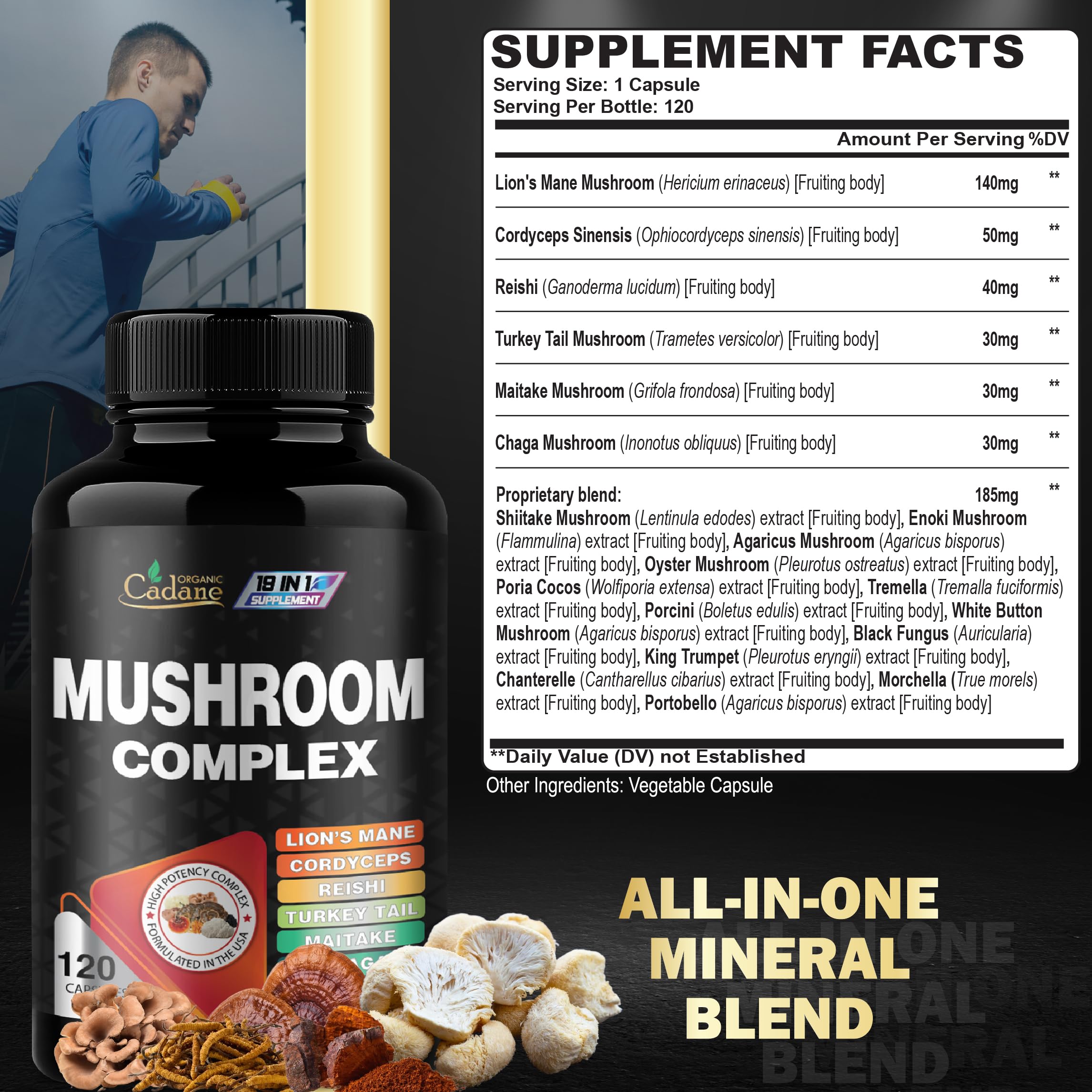 Organic Cadane Mushroom Supplement bottle side view