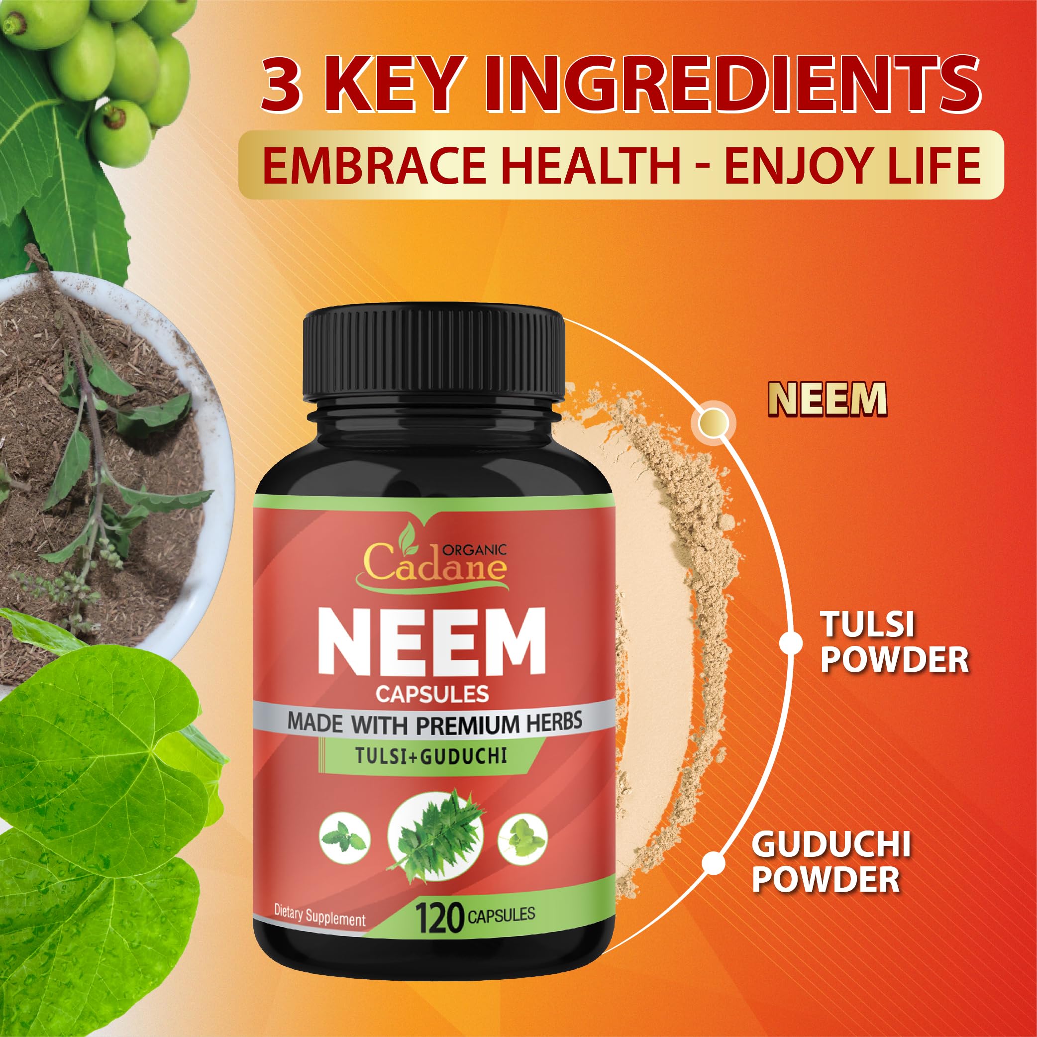 Organic Cadane Neem Capsules bottle with a measuring spoon