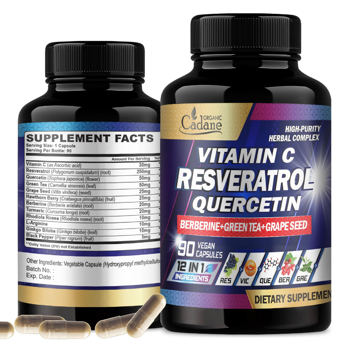 Organic Cadane Resveratrol Complex 90 vegan capsules front view