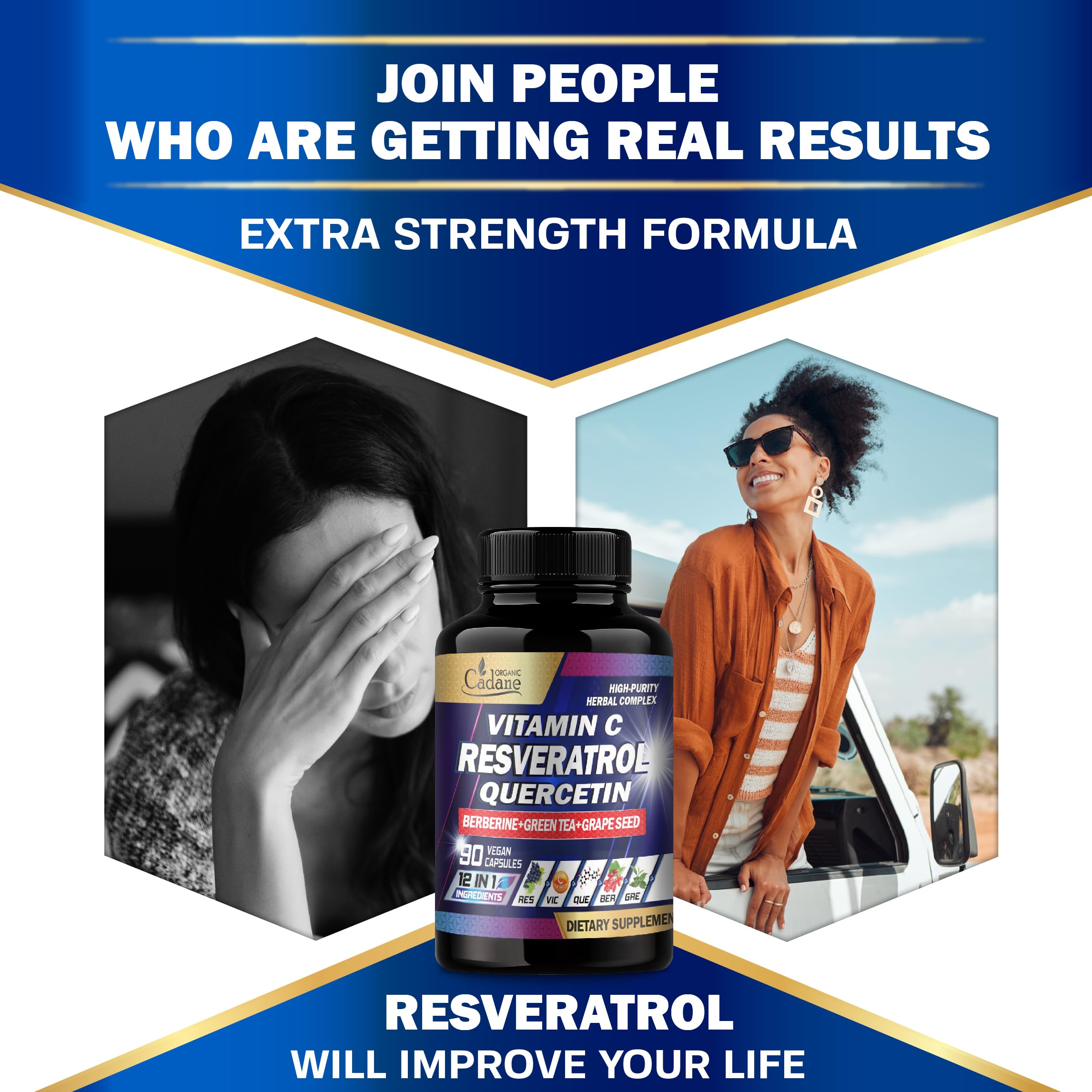 Organic Cadane Resveratrol Complex capsules on a wooden table