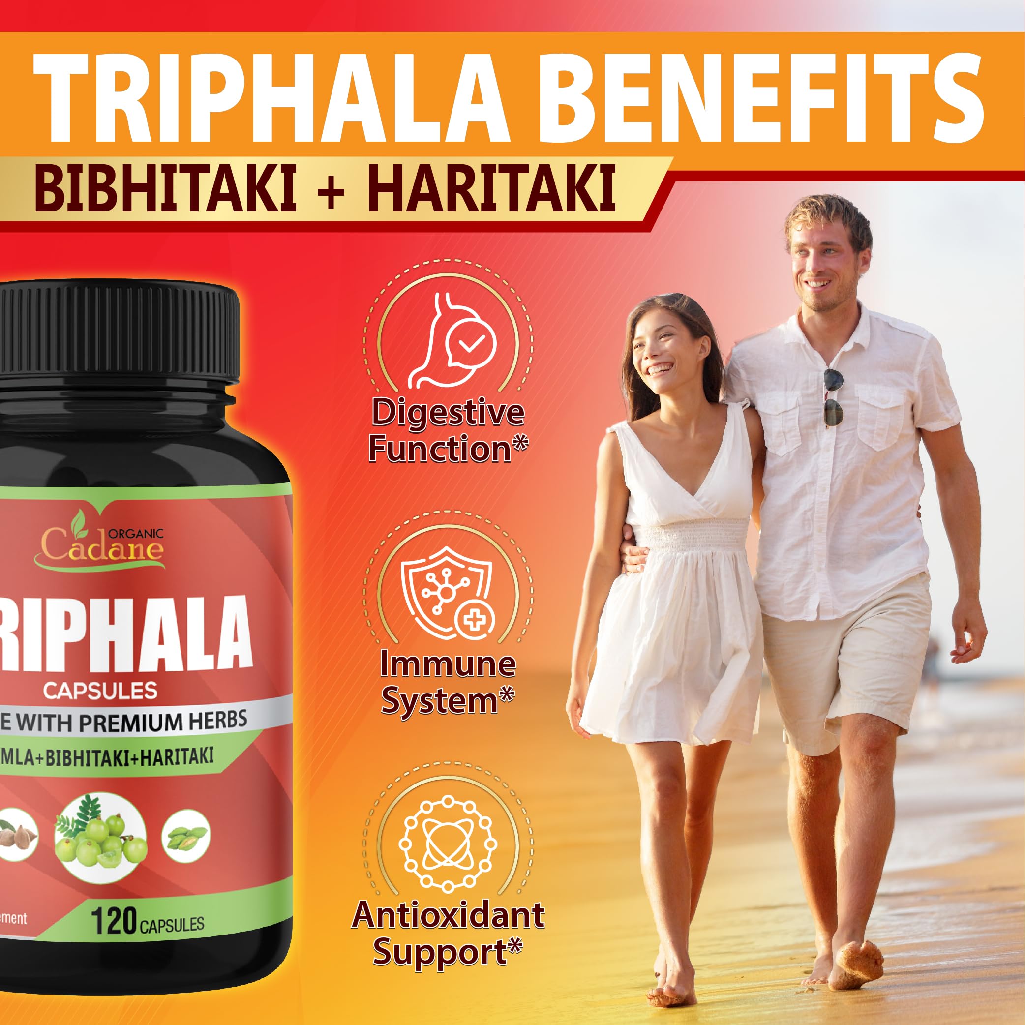 Organic Cadane Triphala Capsules 120 Count bottle with packaging