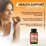 Organic Cadane Triphala Capsules on a wooden table