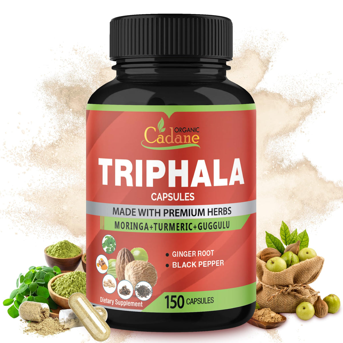 Organic Cadane Triphala Powder Capsules bottle front view