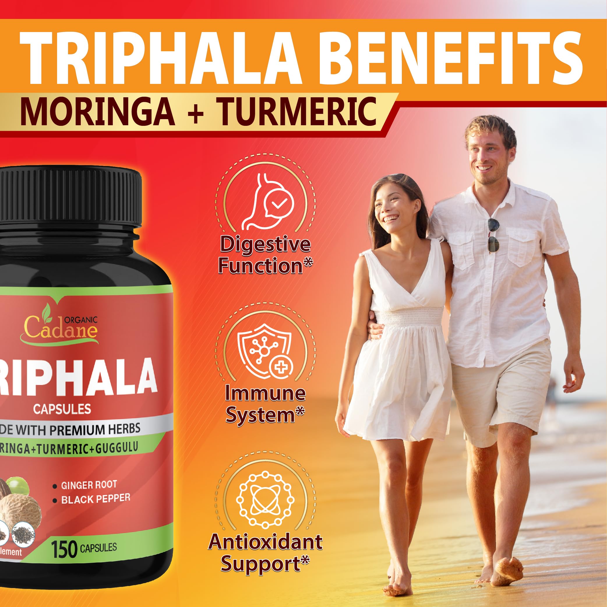 Organic Cadane Triphala Powder Capsules on wooden surface