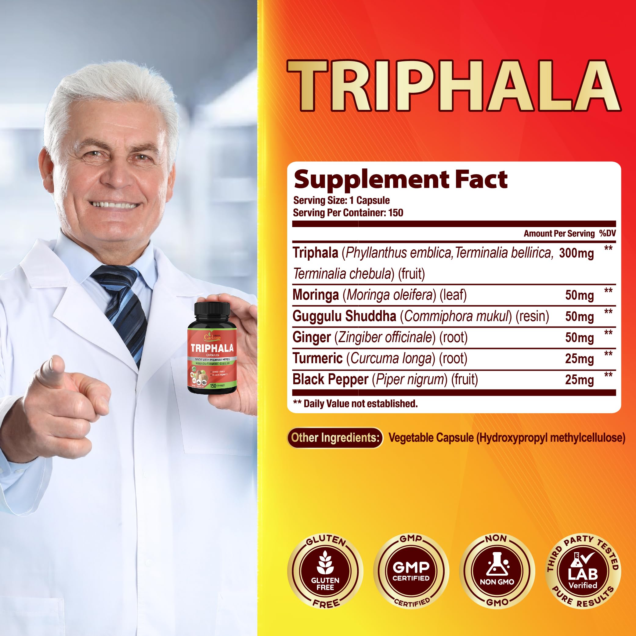 Organic Cadane Triphala Powder Capsules with label details