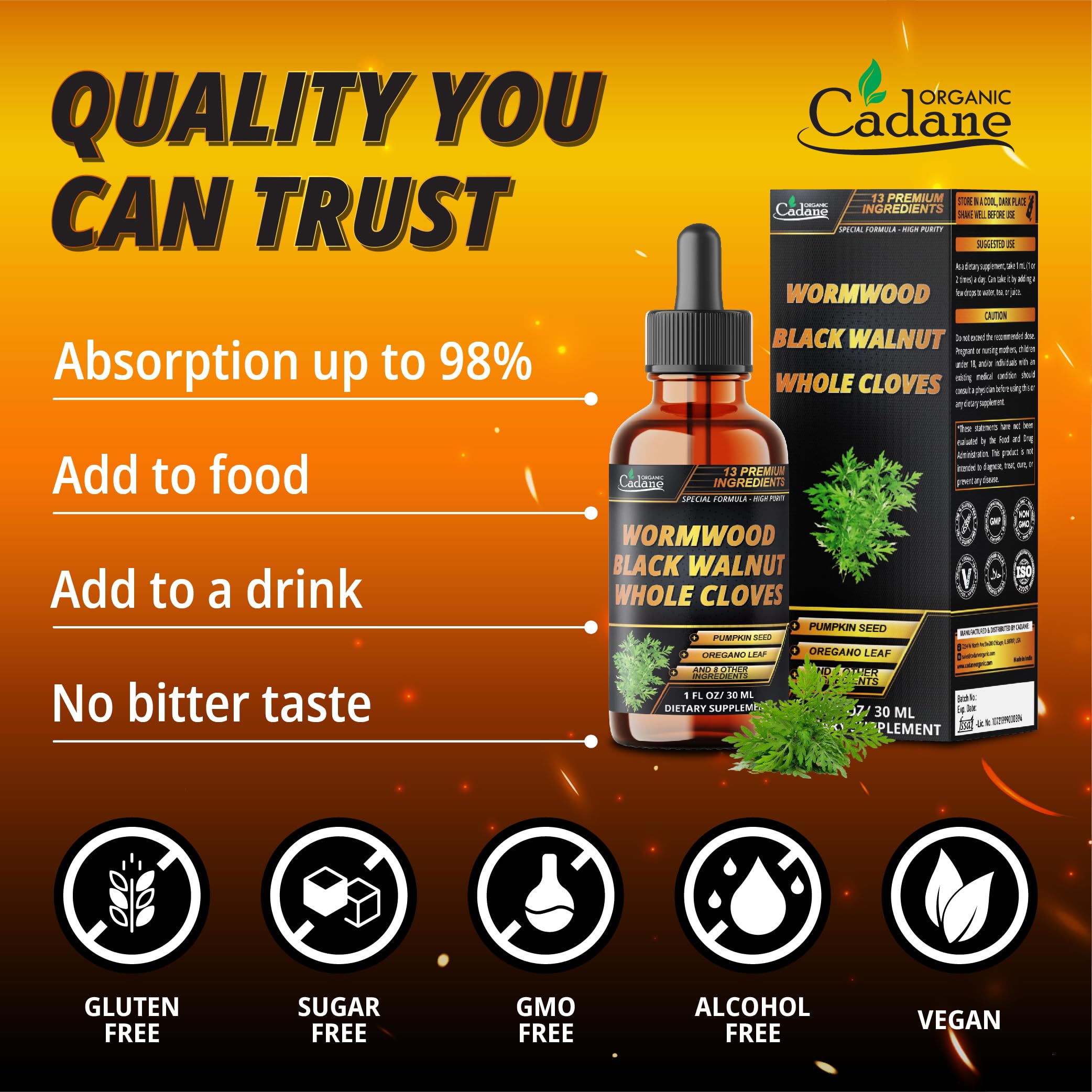 Organic Cadane Wormwood Liquid Drops nutritional information