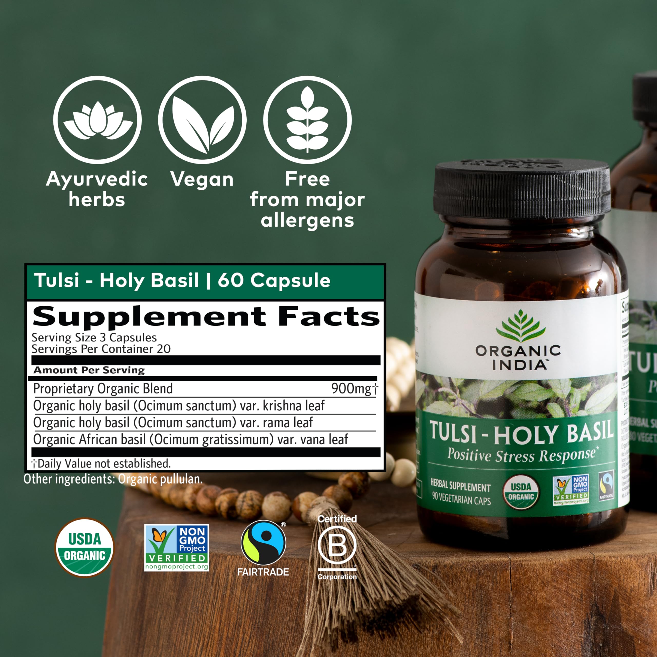 Organic certification logo on ORGANIC INDIA Holy Basil Capsules