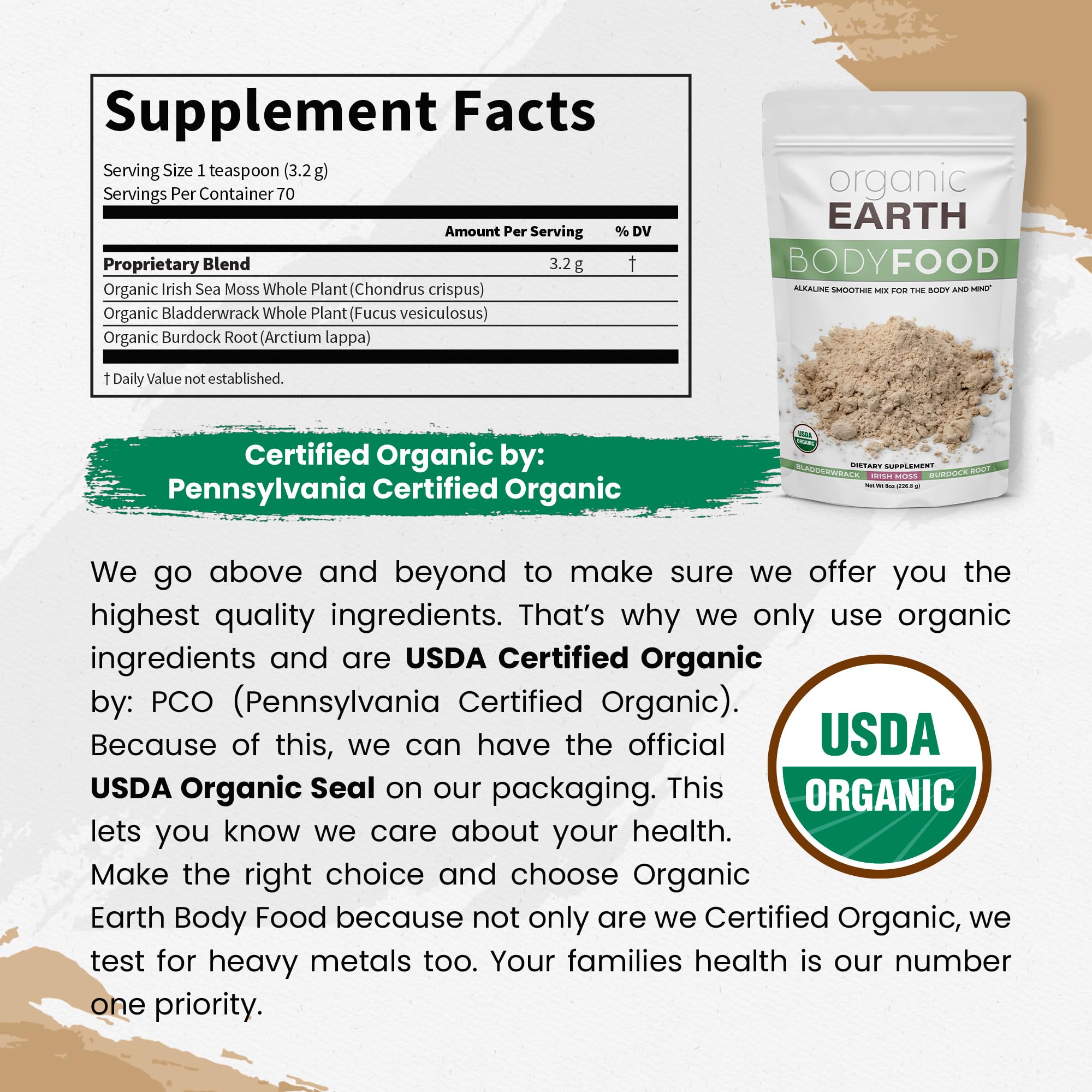 Organic Earth Irish Sea Moss Powder 227g with ingredients list