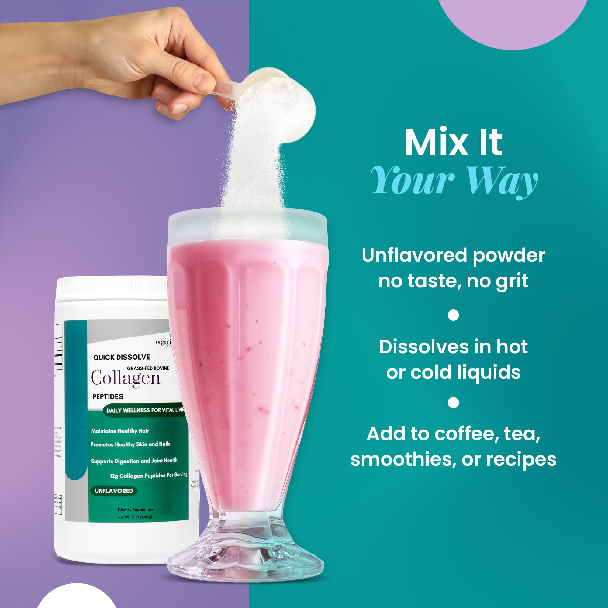 Organic Excellence Collagen Peptides in a cup of coffee