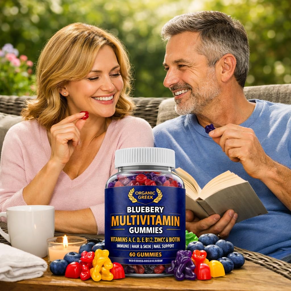 Organic Greek Multivitamins 227g with a glass of water