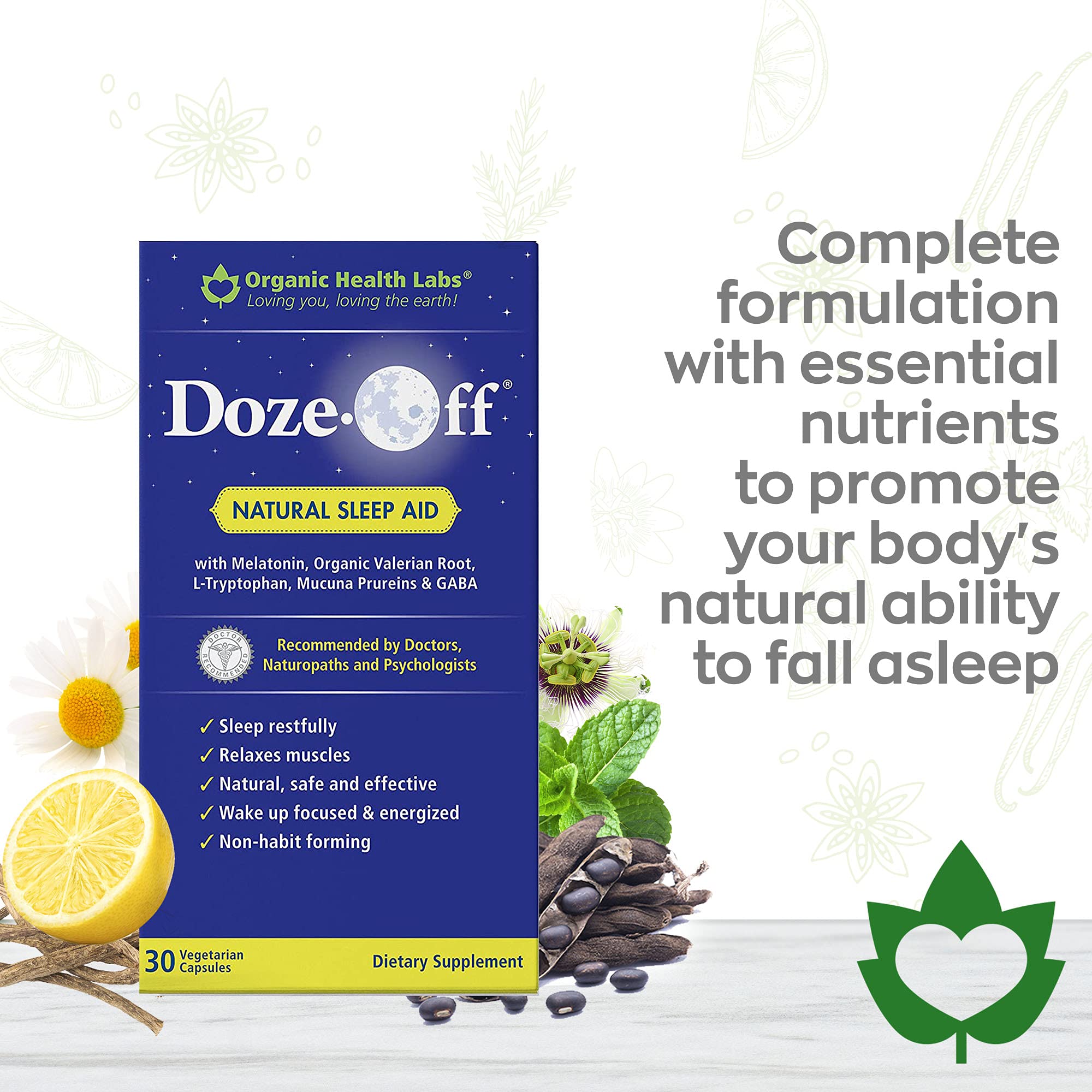 Organic Health Labs Doze-Off® Sleep Aid capsules on a table
