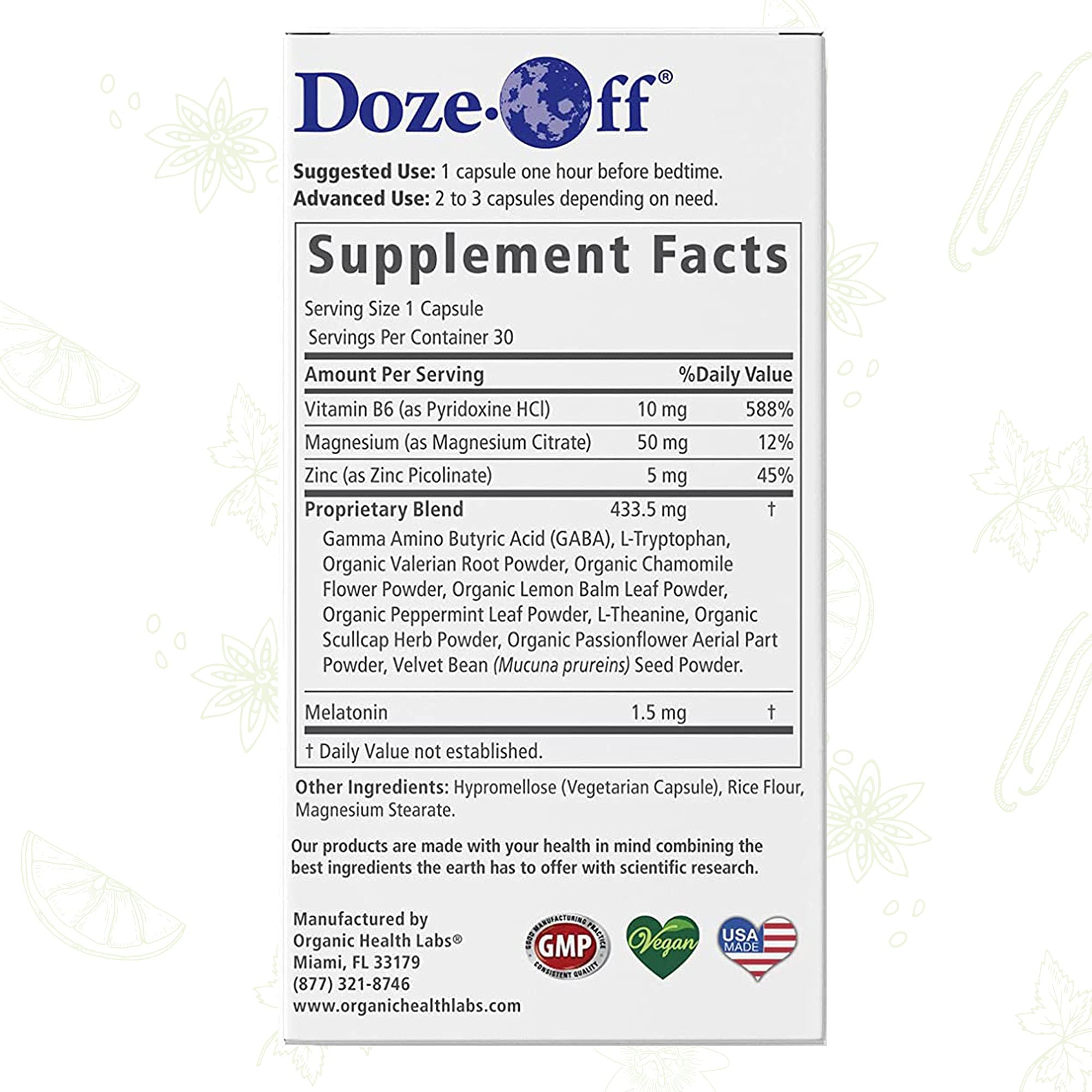 Organic Health Labs Doze-Off® Sleep Aid ingredients list