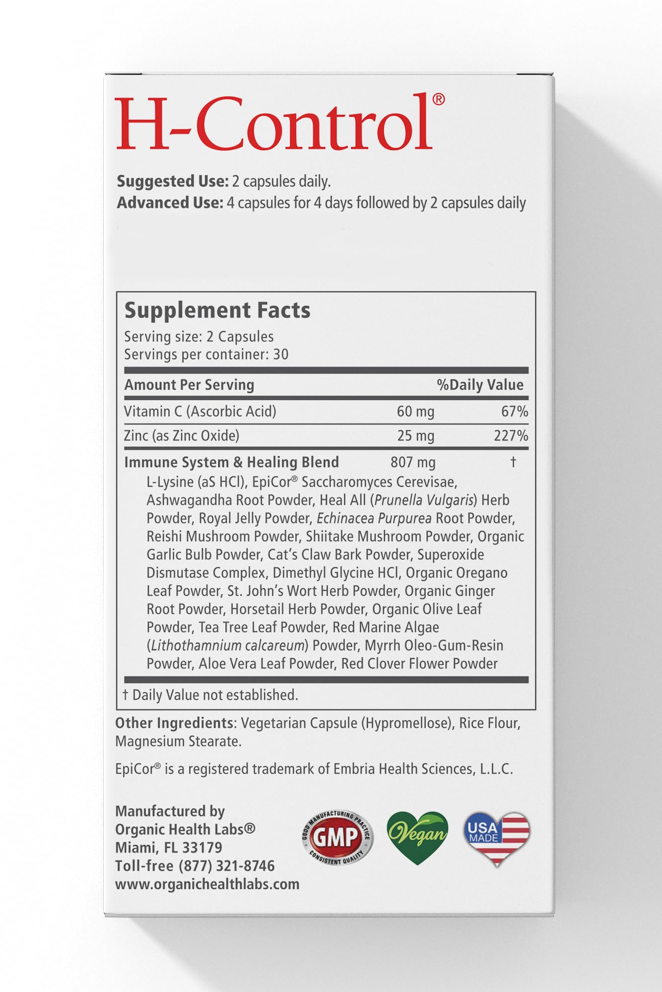 Organic Health Labs H-Control Supplement bottle with ingredients list