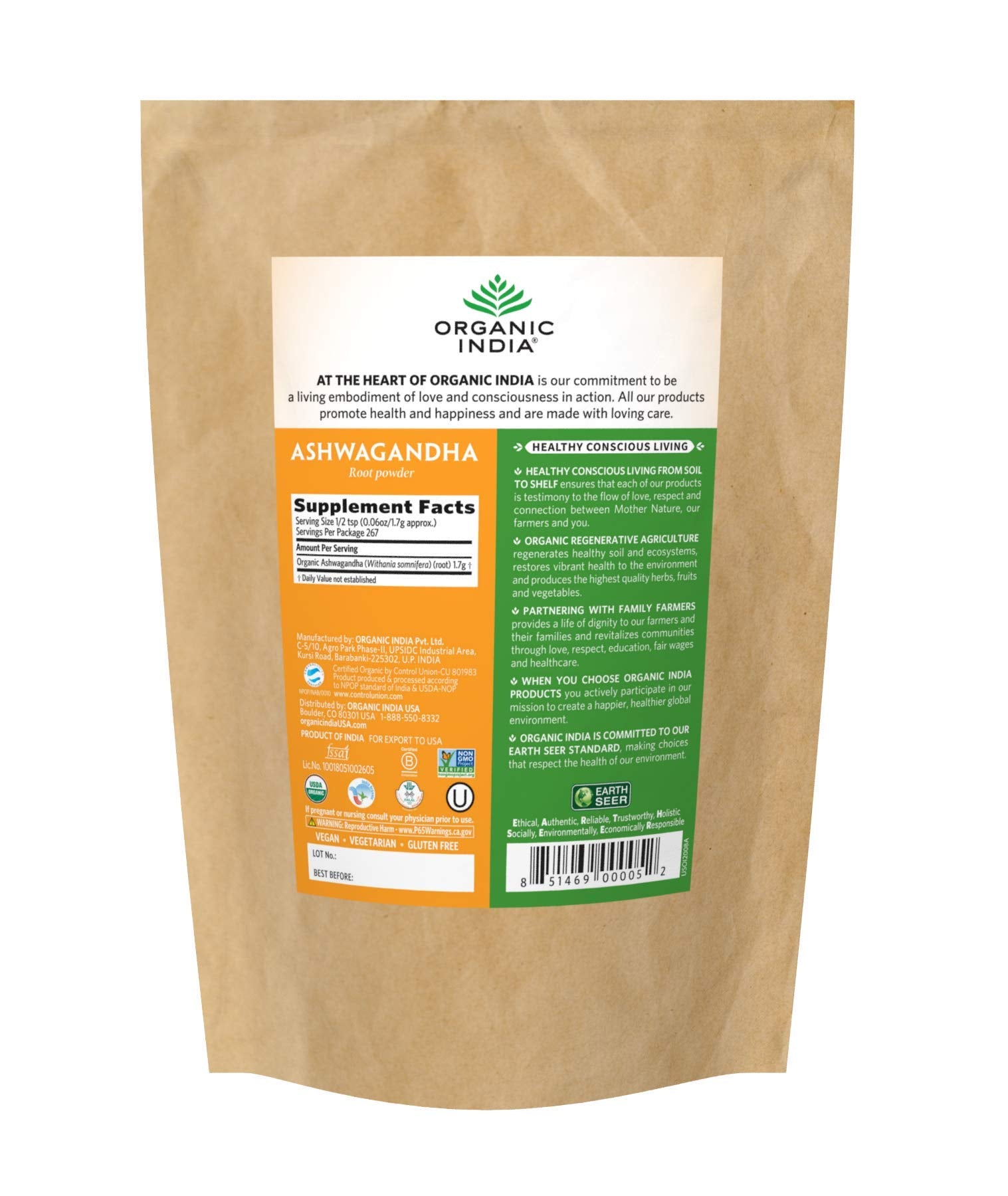 ORGANIC INDIA Ashwagandha Capsules back view