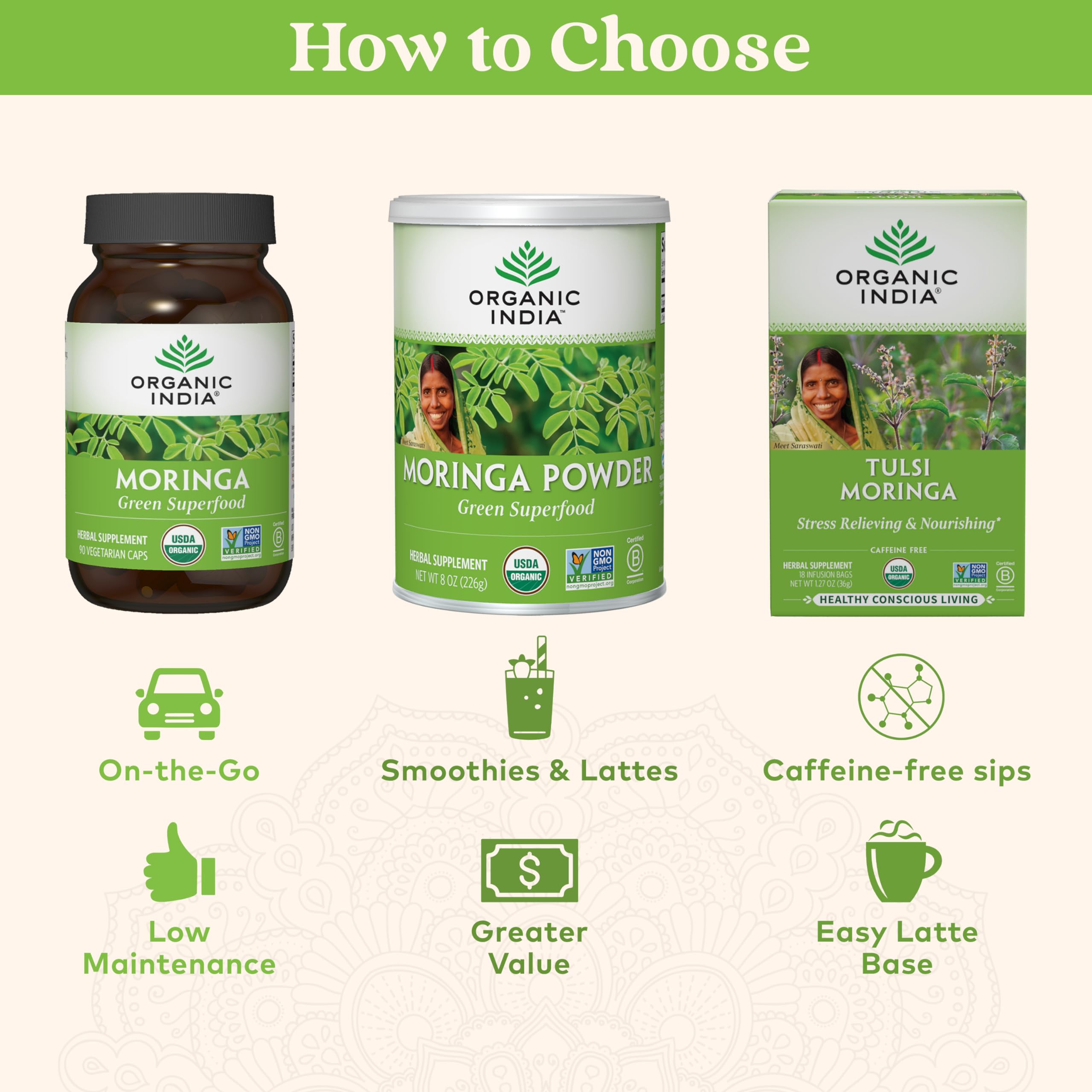 ORGANIC INDIA Moringa Oleifera Herbal Supplement capsules on a wooden surface