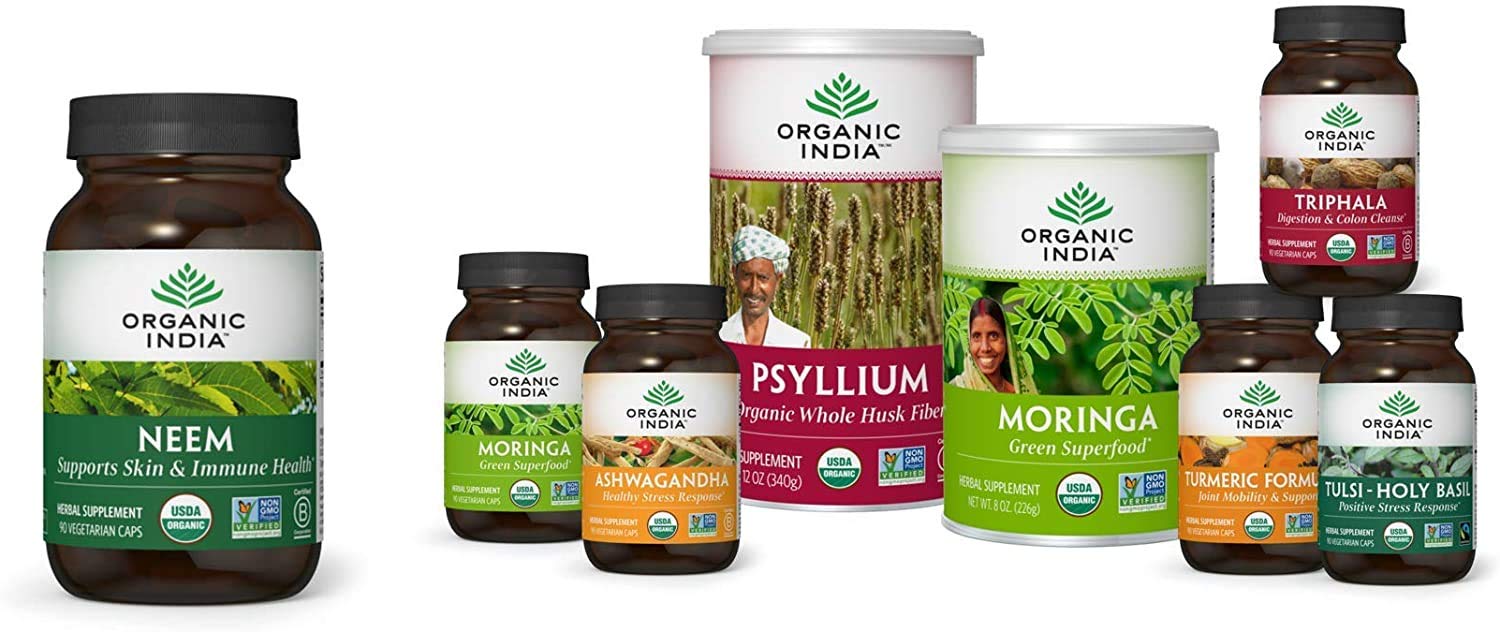 ORGANIC INDIA Neem Capsules on a wooden surface