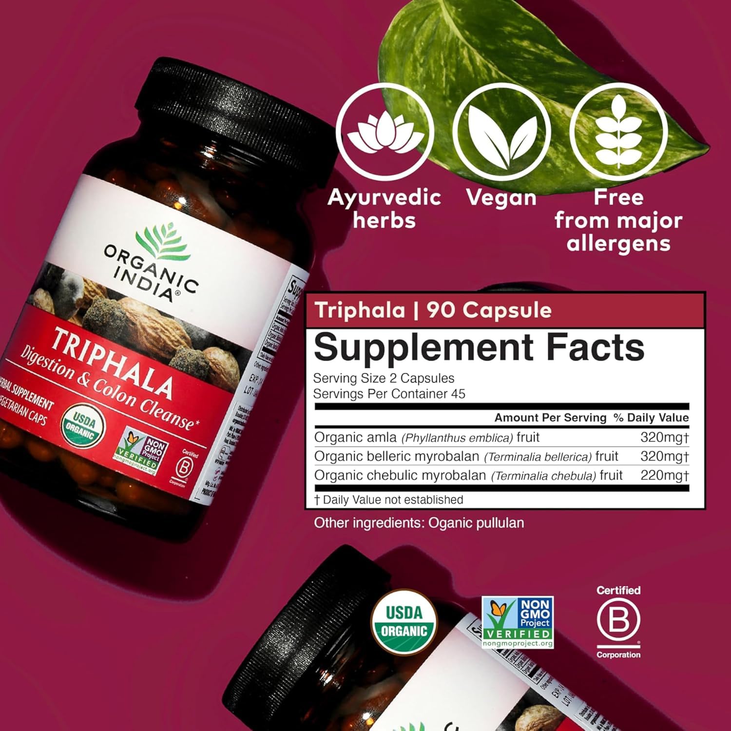 ORGANIC INDIA Triphala Herbal Supplement with fresh Amla, Bibhitaki, and Haritaki fruits