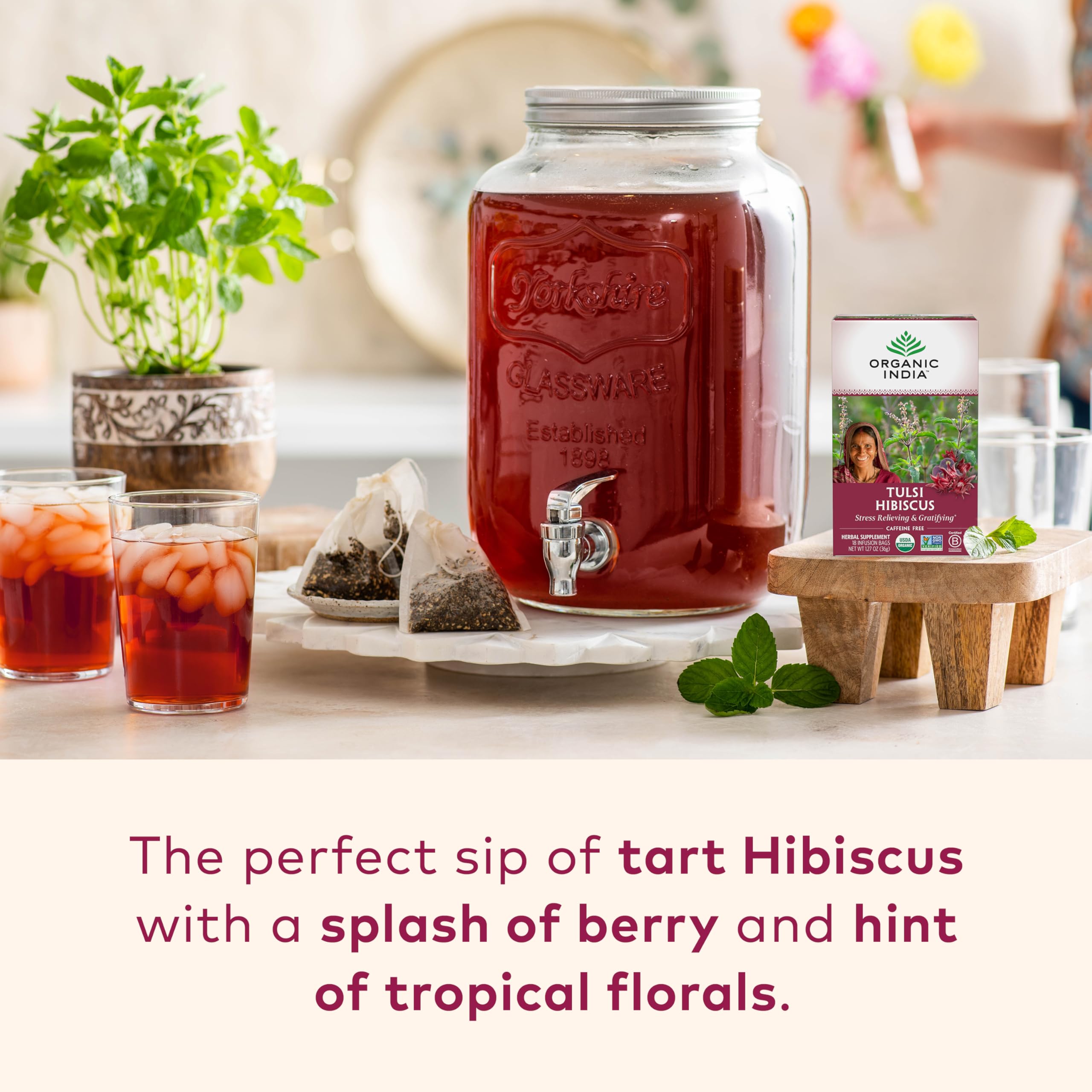 ORGANIC INDIA Tulsi Hibiscus Tea brewed in a cup