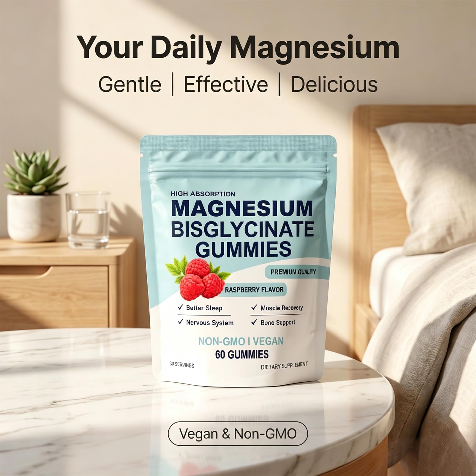 Organic Magnesium Bisglycinate Gummies in a hand for size reference