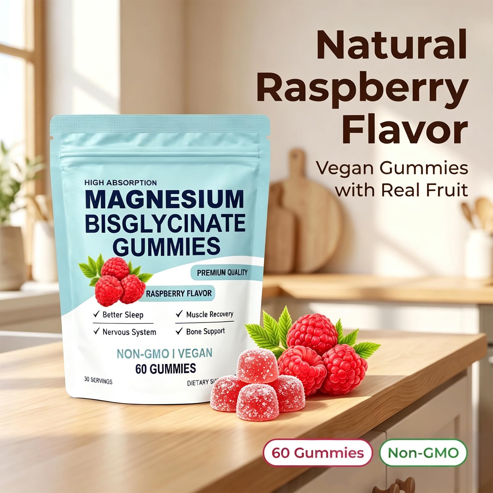 Organic Magnesium Bisglycinate Gummies with raspberry fruit powder