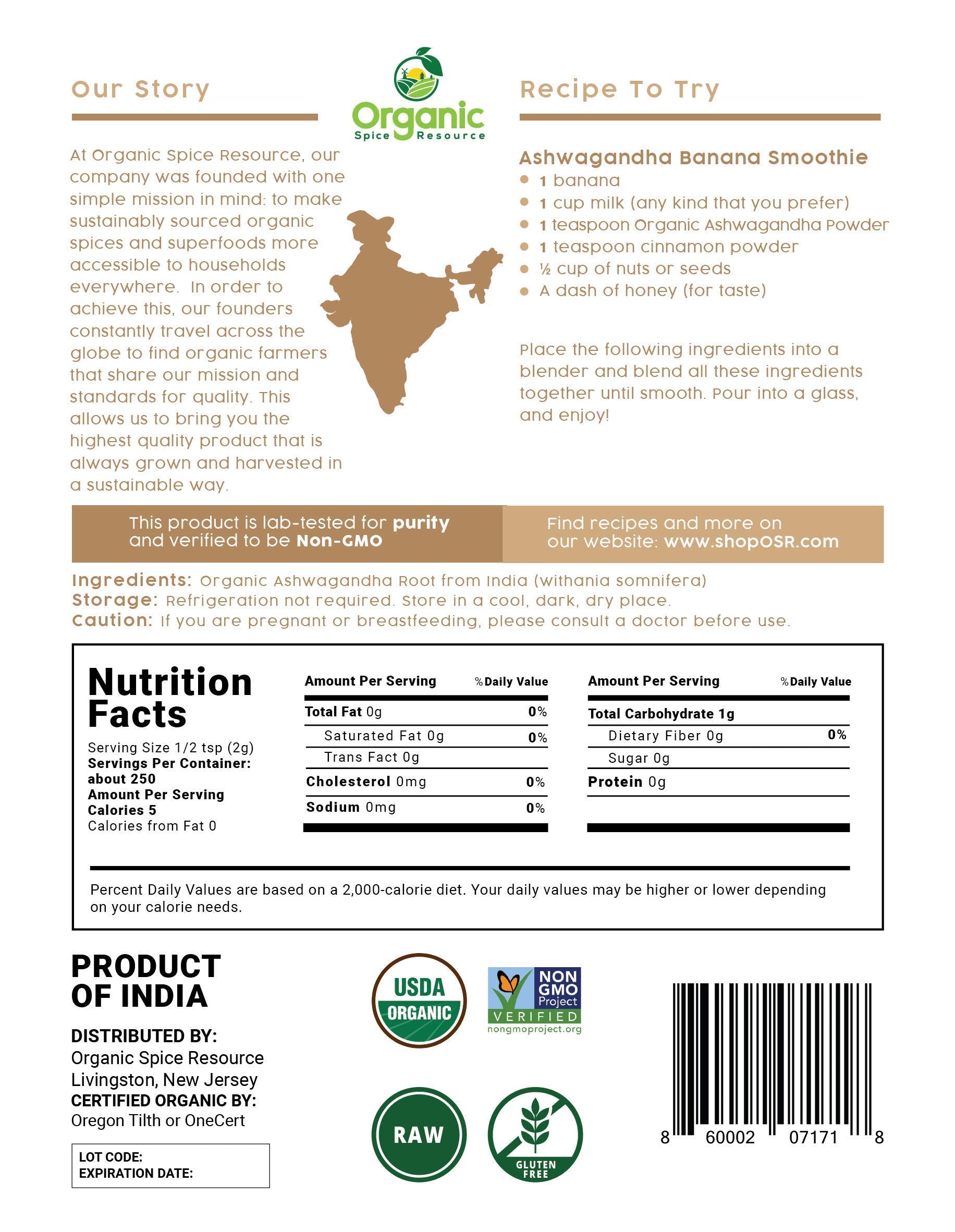 Organic Spice Resource Ashwagandha Powder packaging details