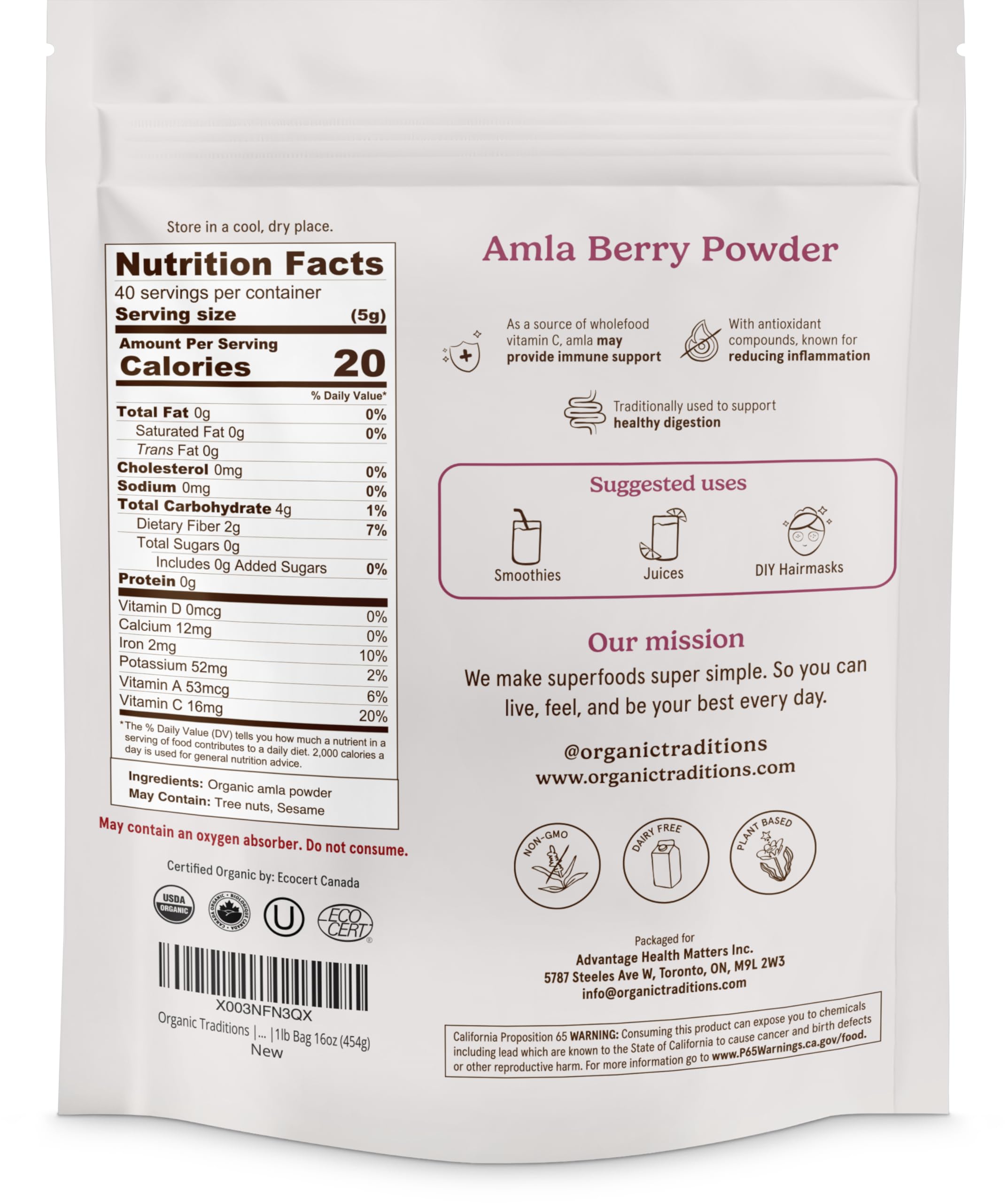 Organic Traditions Amla Berry Powder packaging side view