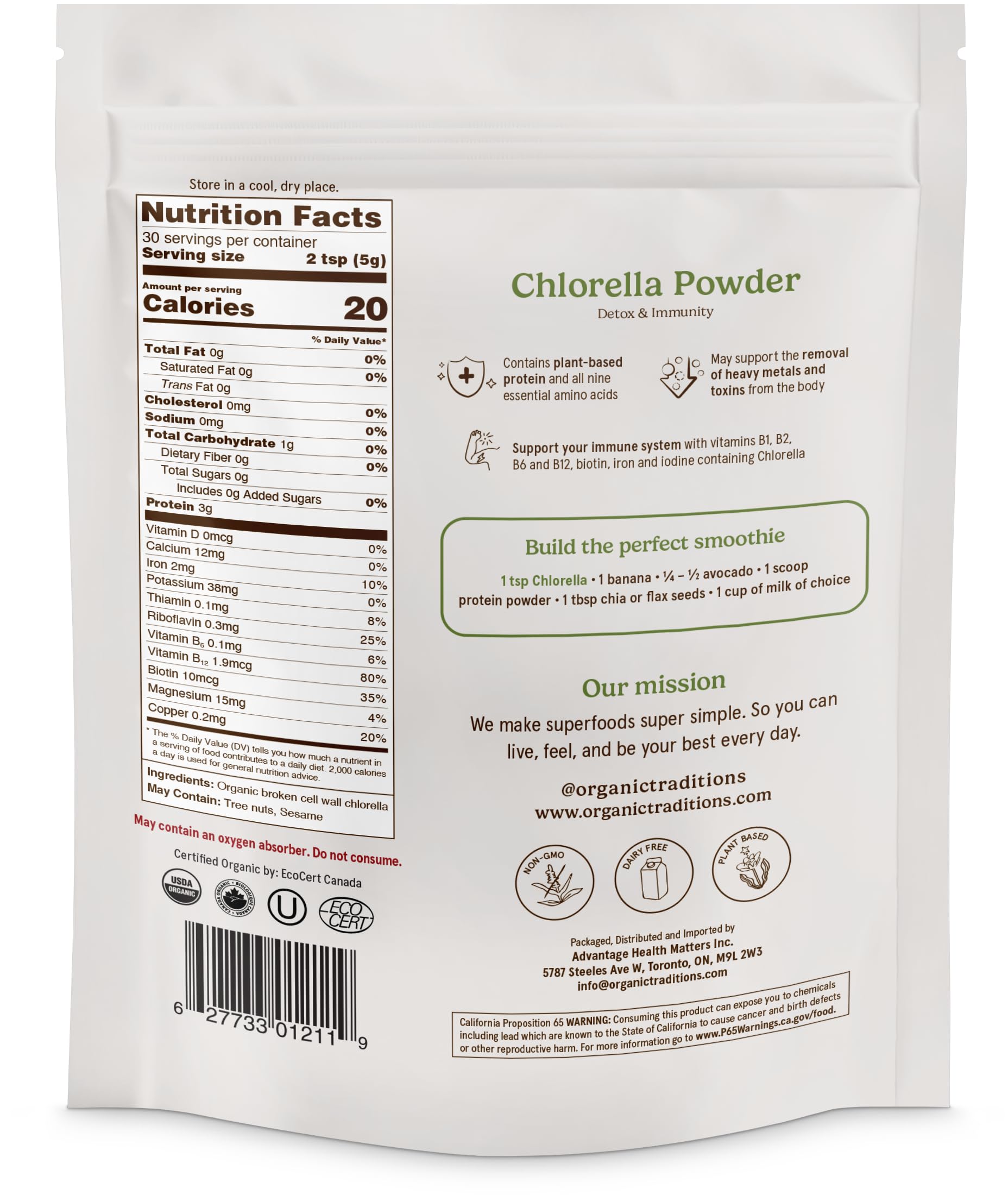 Organic Traditions Chlorella Powder back view with nutritional information