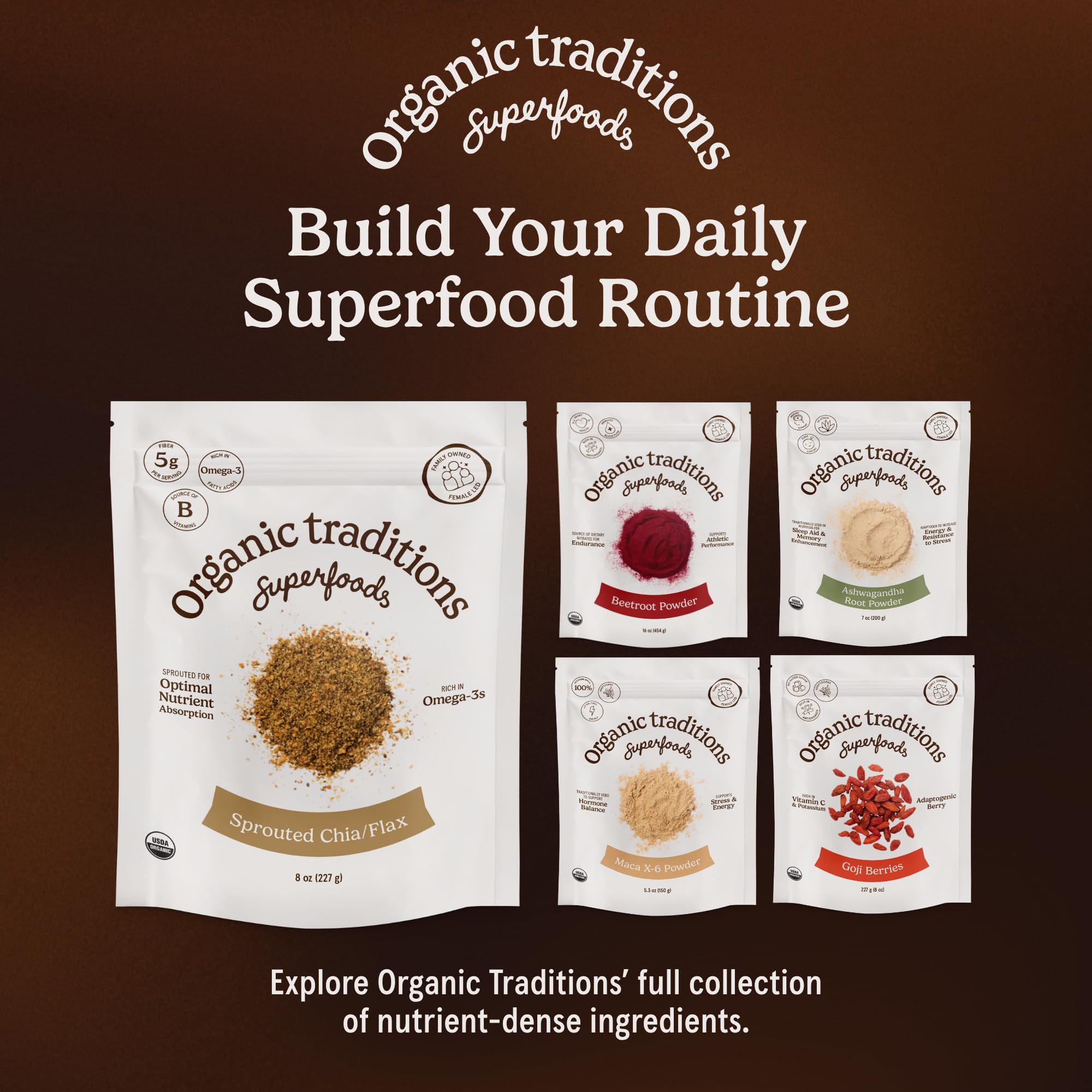 Organic Traditions Lion's Mane Mushroom Powder on a kitchen counter with ingredients