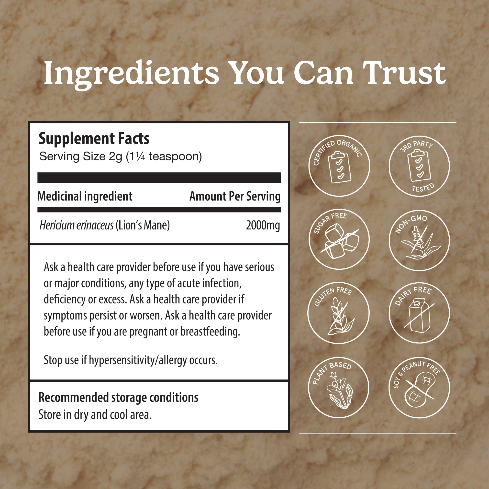 Organic Traditions Lion's Mane Mushroom Powder side view with nutritional information