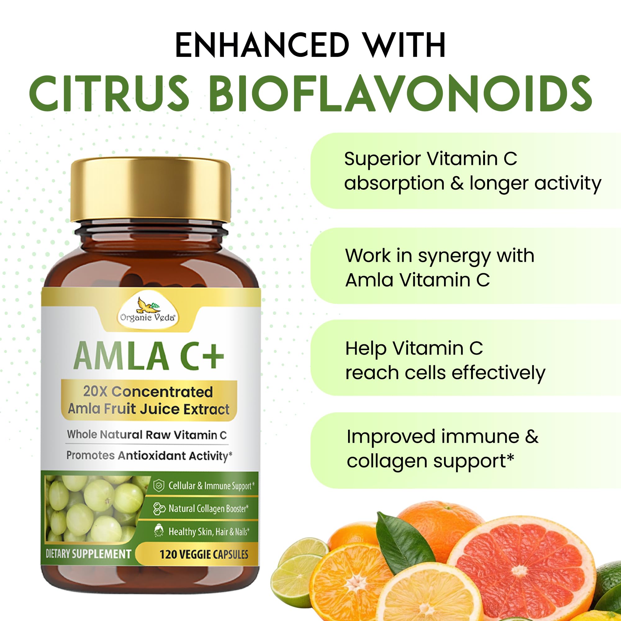 Organic Veda Amla Vitamin C Capsules with fresh amla fruit