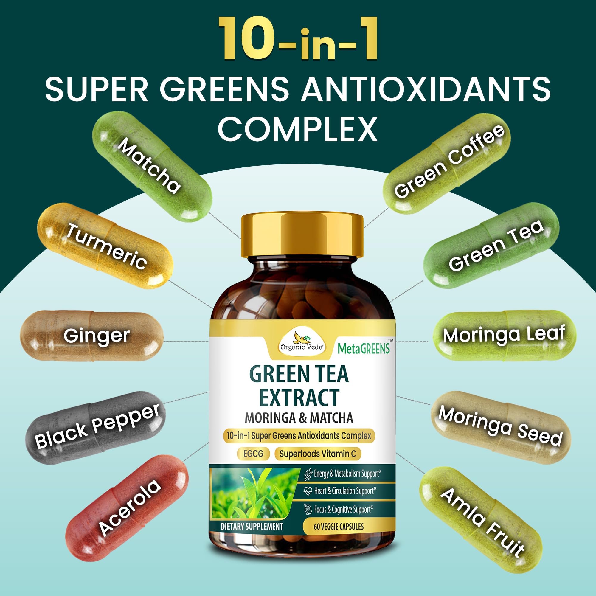 Organic Veda Green Tea 10-in-1 Supplement bottle with label