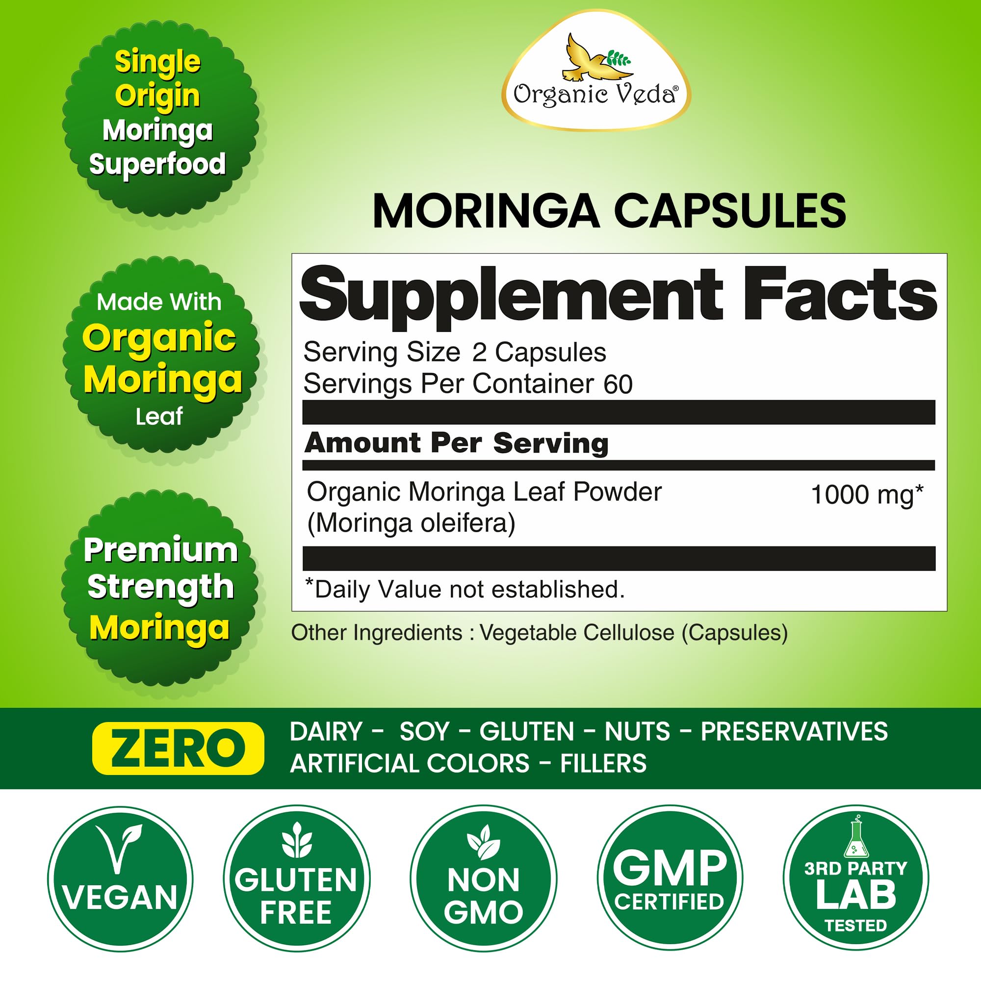 Organic Veda Moringa Capsules bottle with dosage information