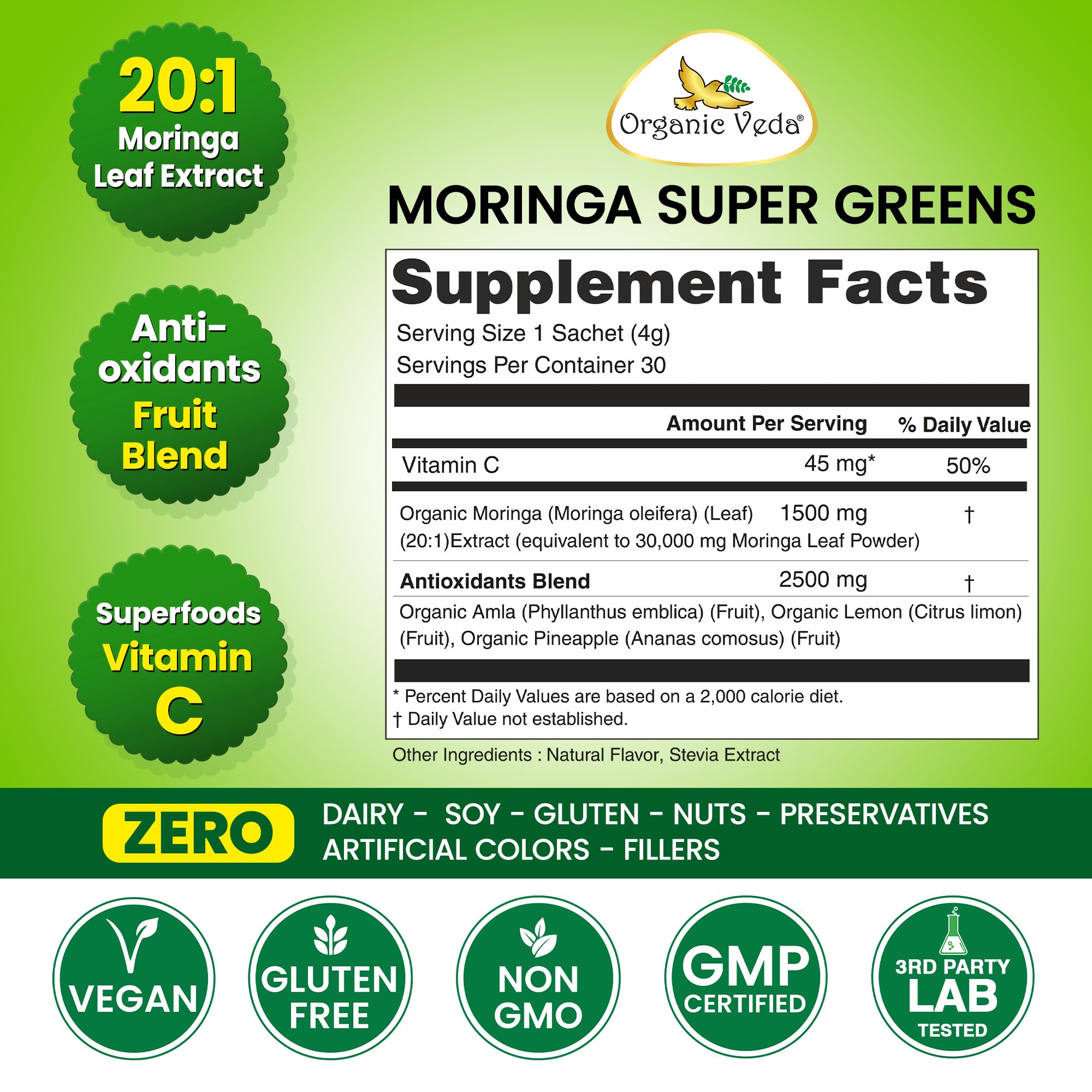 Organic Veda Moringa Superfood Powder 120g back view packaging