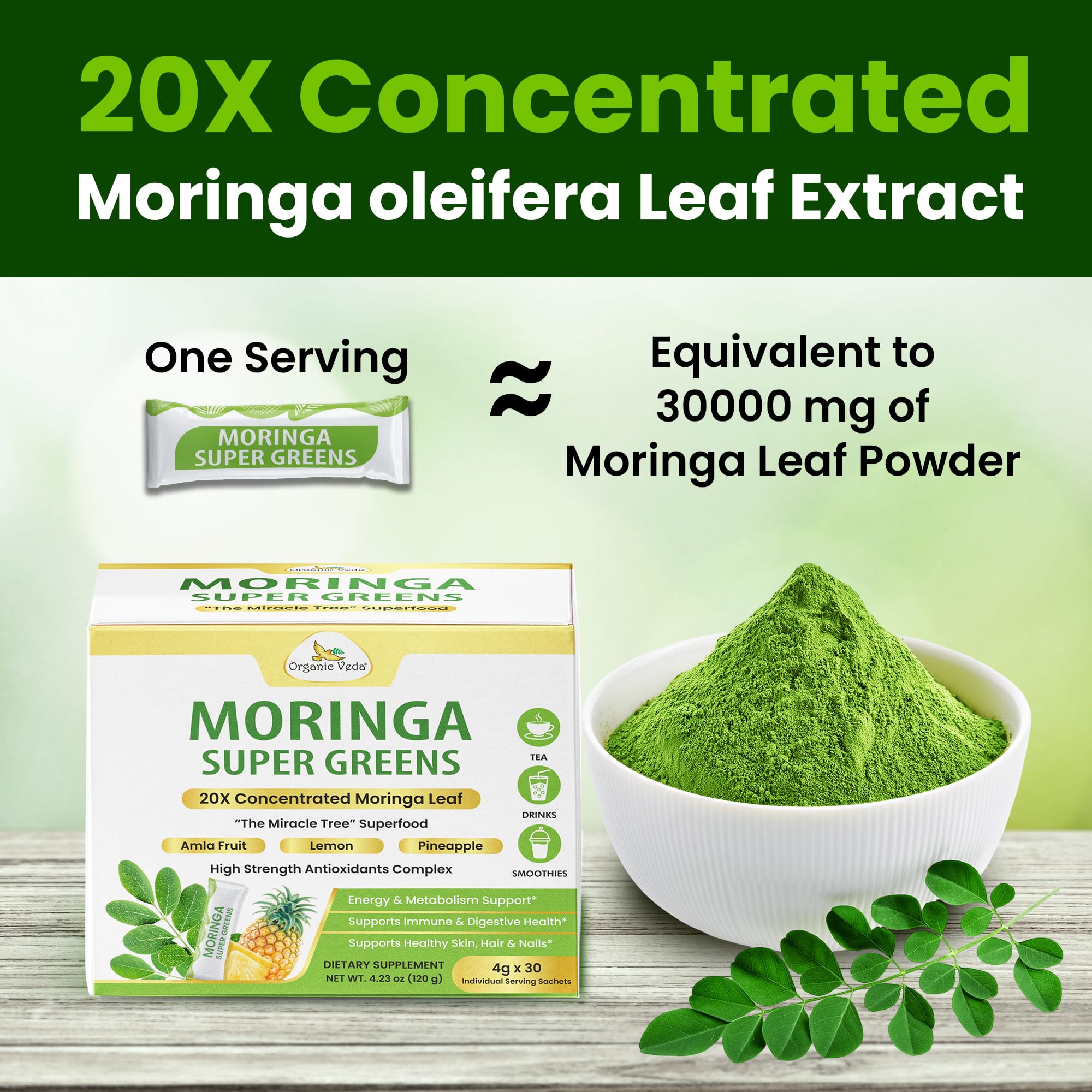 Organic Veda Moringa Superfood Powder 120g with fresh ingredients around