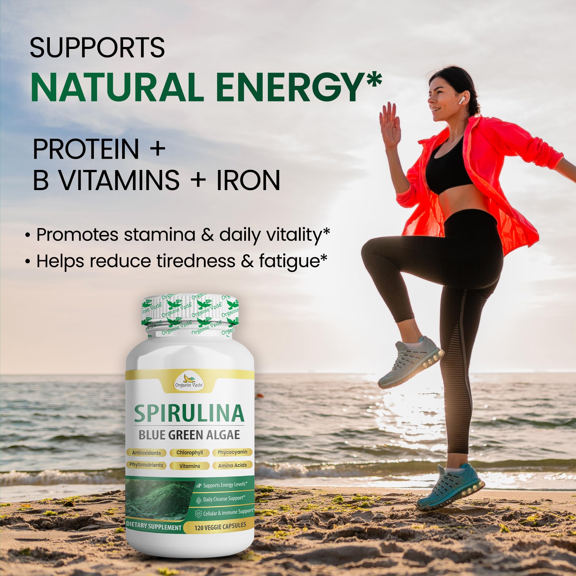 Organic Veda Spirulina Capsules 100g on a wooden table