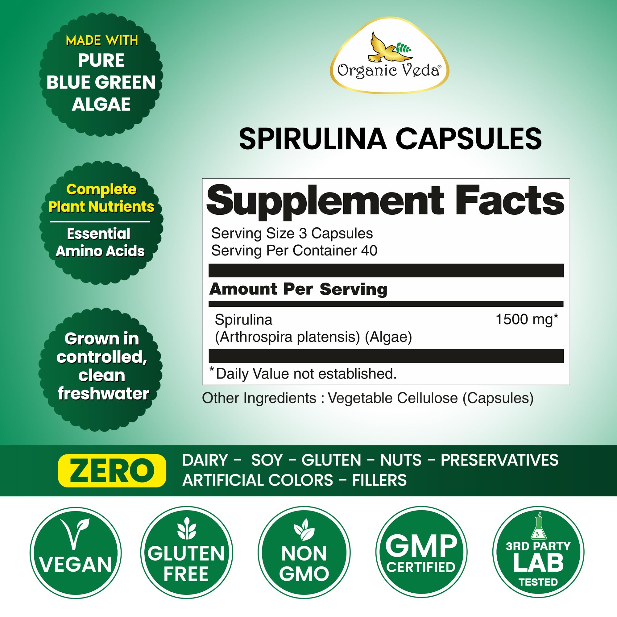 Organic Veda Spirulina Capsules 100g side view