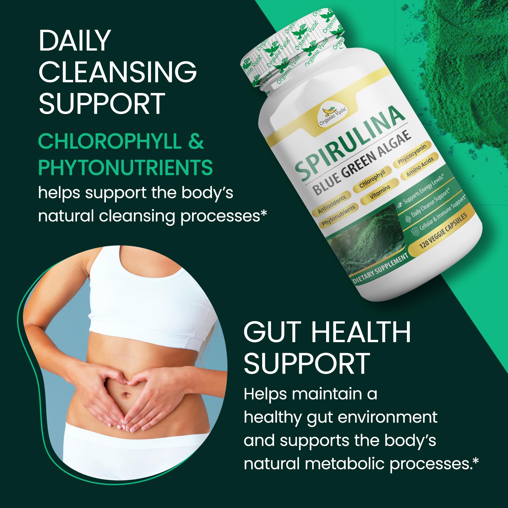 Organic Veda Spirulina Capsules 100g with a measuring spoon