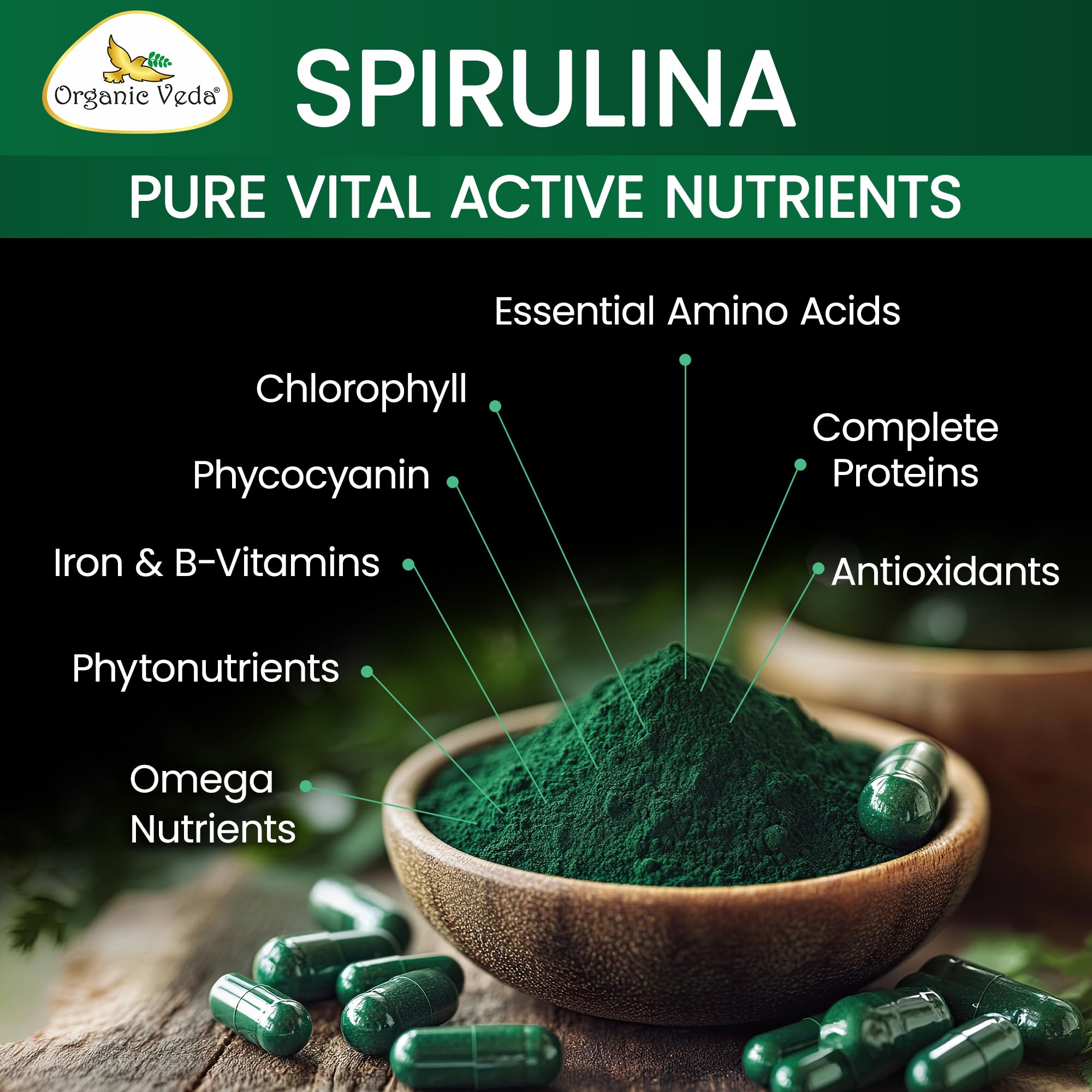 Organic Veda Spirulina Capsules 100g with fresh greens