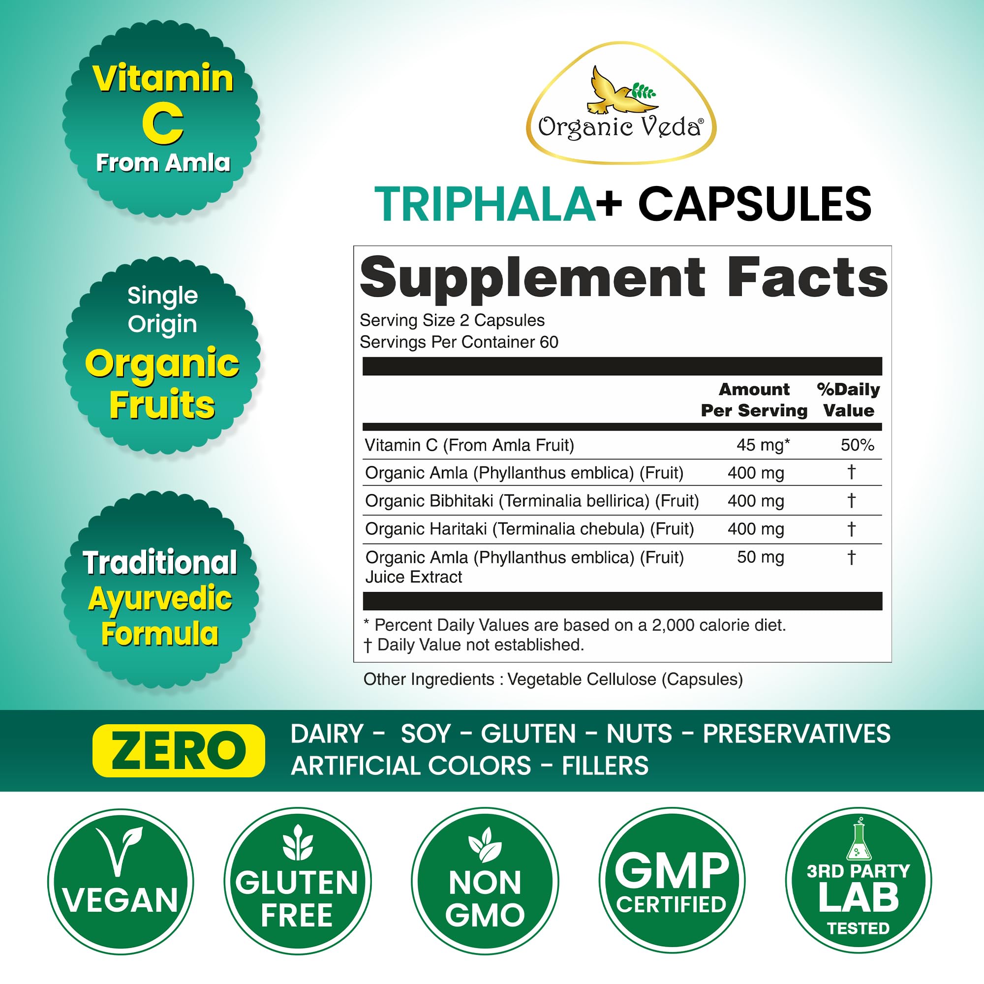 Organic Veda Triphala Capsules side view showing label