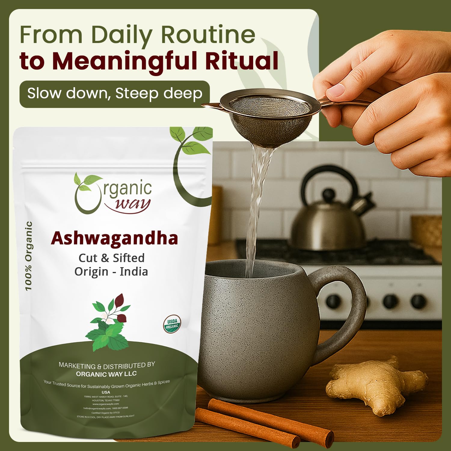 Organic Way Ashwagandha Root tea preparation scene