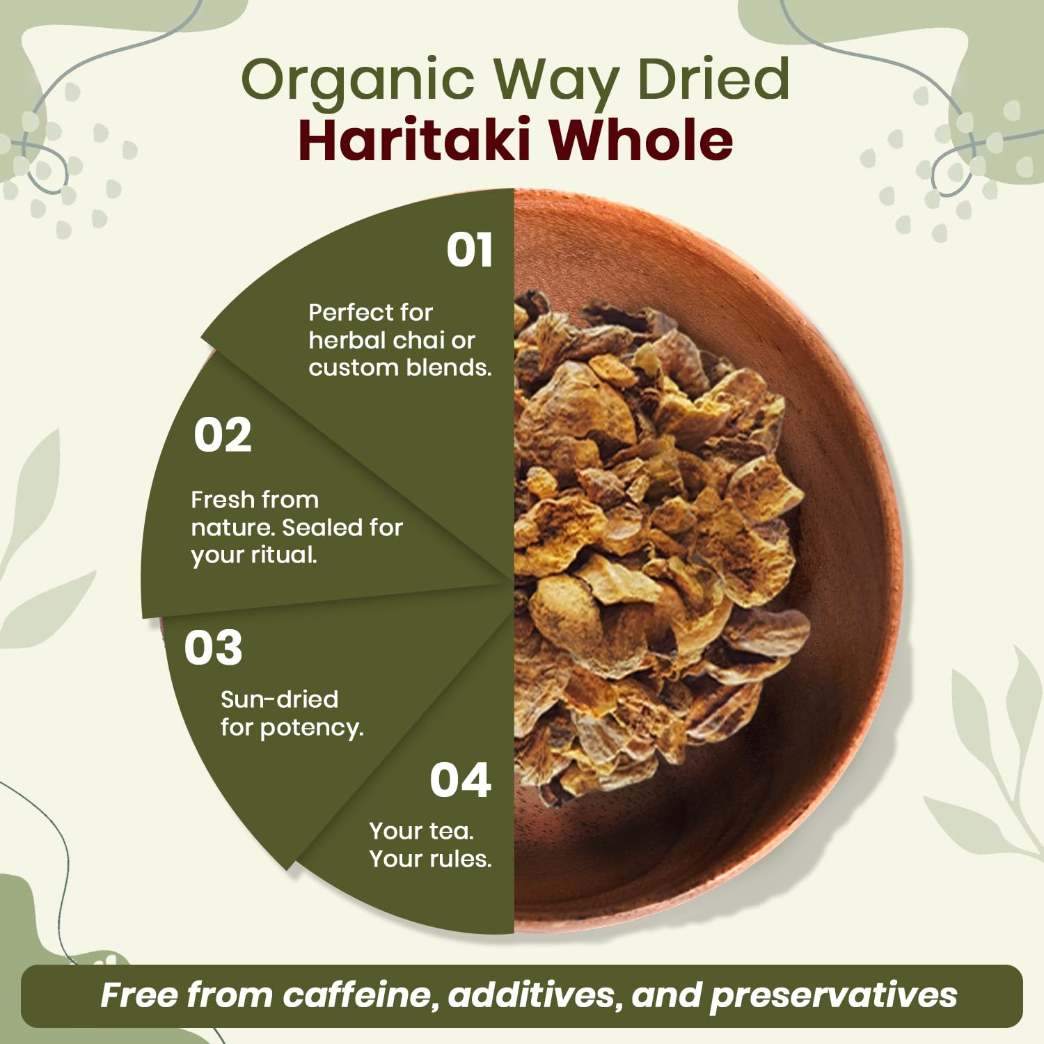 Organic Way Haritaki Whole dried fruit on a wooden table