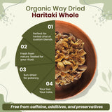 Organic Way Haritaki Whole dried fruit on a wooden table