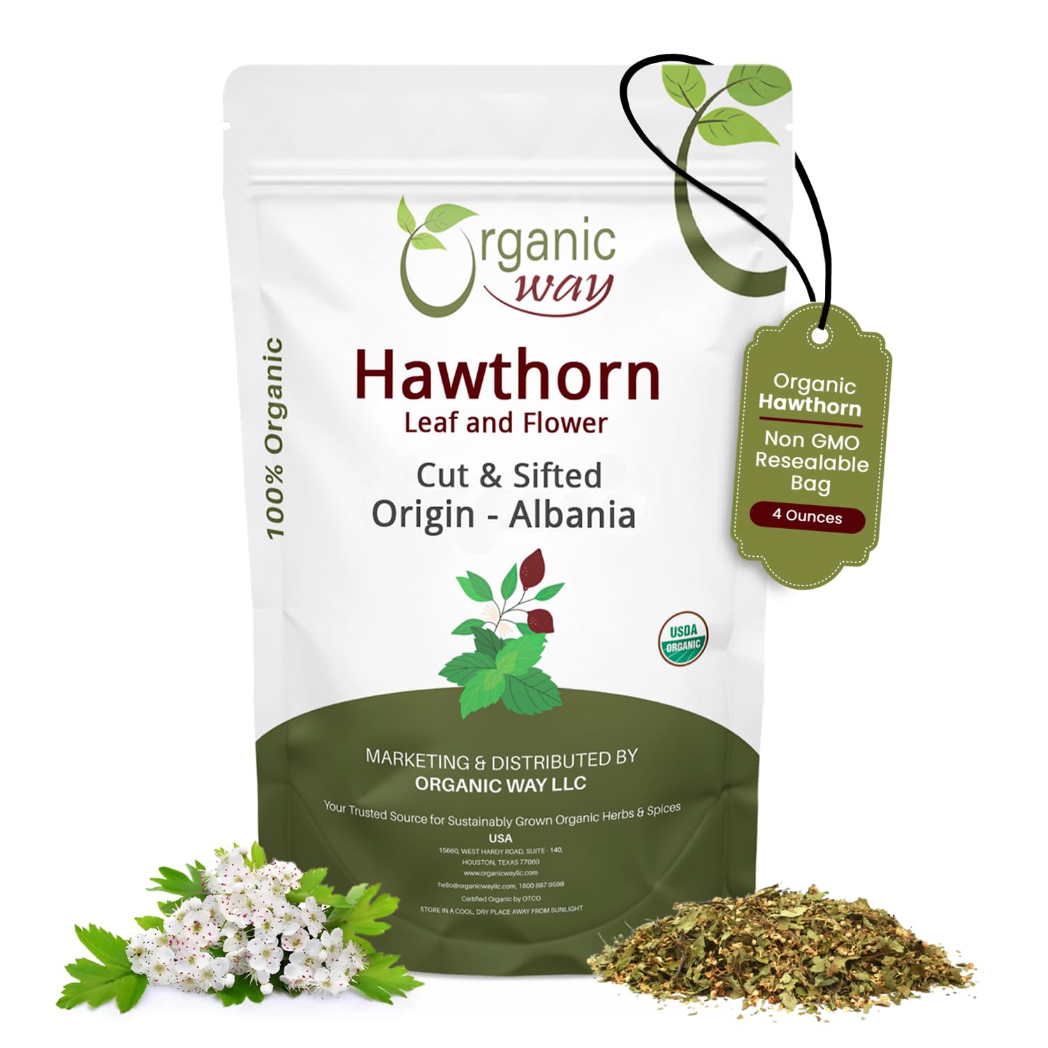 Organic Way Hawthorn Leaf and Flower Cut & Sifted 109g front view