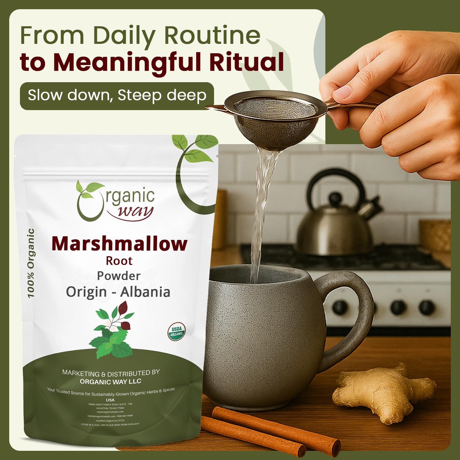 Organic Way Marshmallow Root Powder with tea accessories
