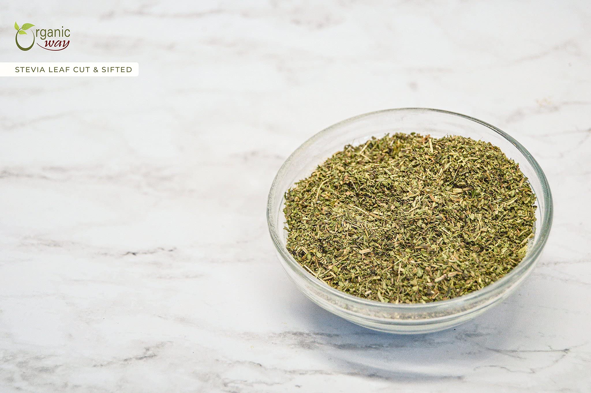 Organic Way Stevia Leaf Cut & Sifted in a kitchen setting