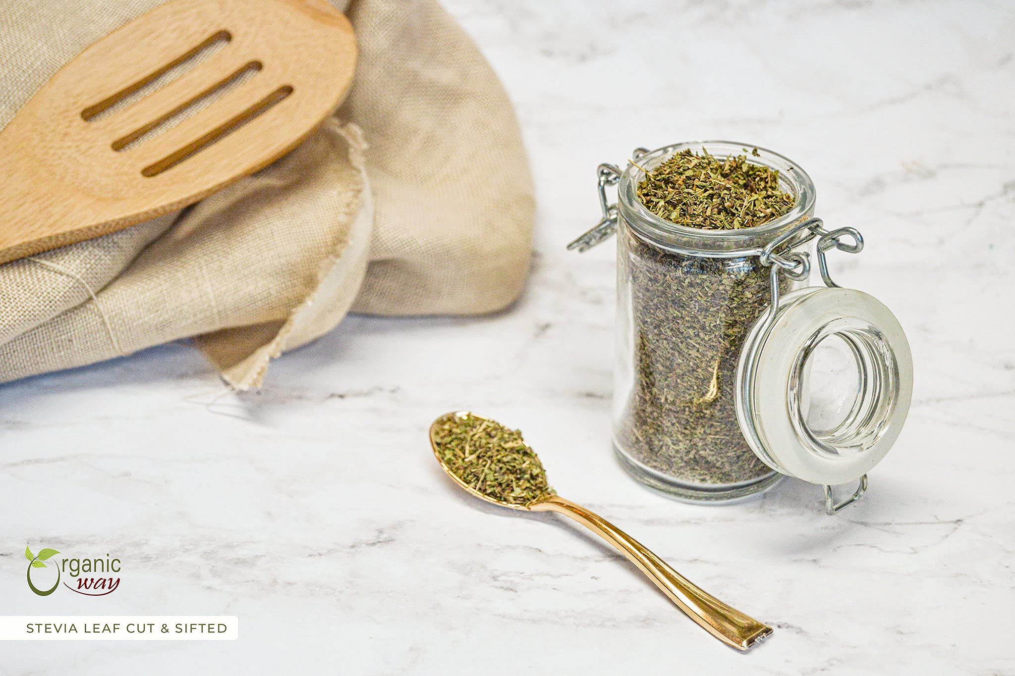 Organic Way Stevia Leaf Cut & Sifted in a measuring spoon