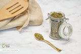 Organic Way Stevia Leaf Cut & Sifted in a measuring spoon