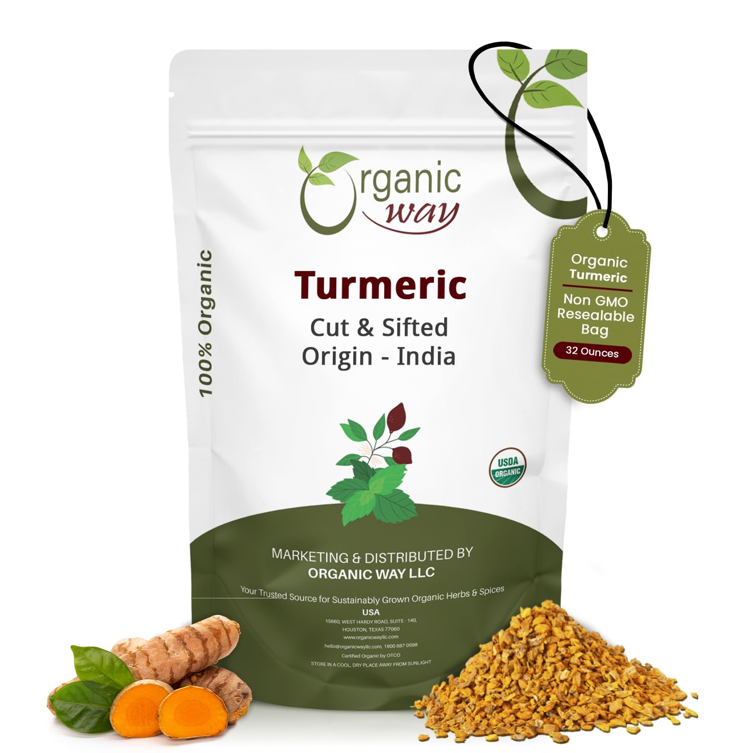 Organic Way Turmeric Root Cut & Sifted 912g front view