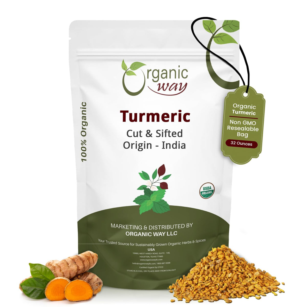 Organic Way Turmeric Root Cut & Sifted 912g front view