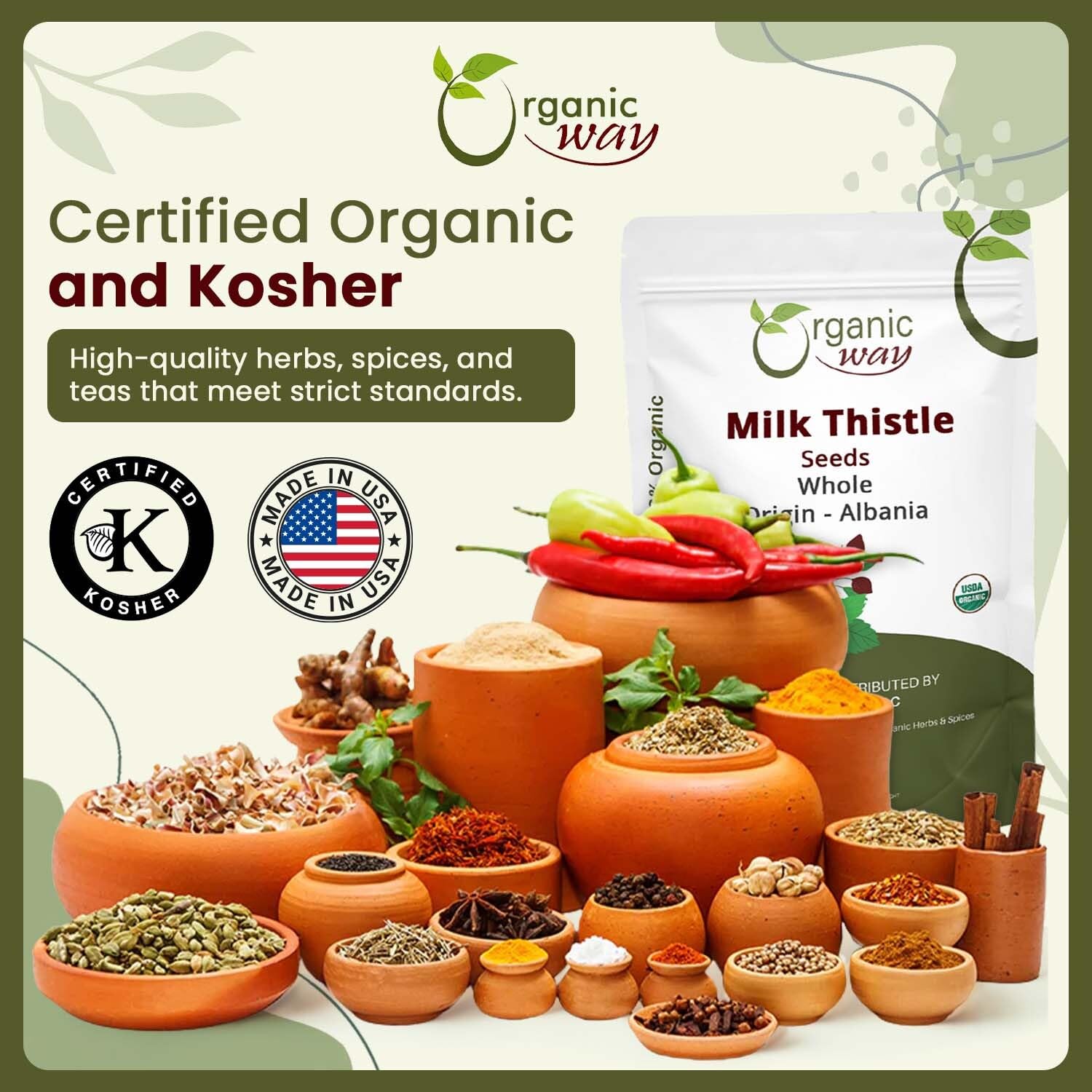 Organic Way Whole Milk Thistle Seeds on a kitchen counter